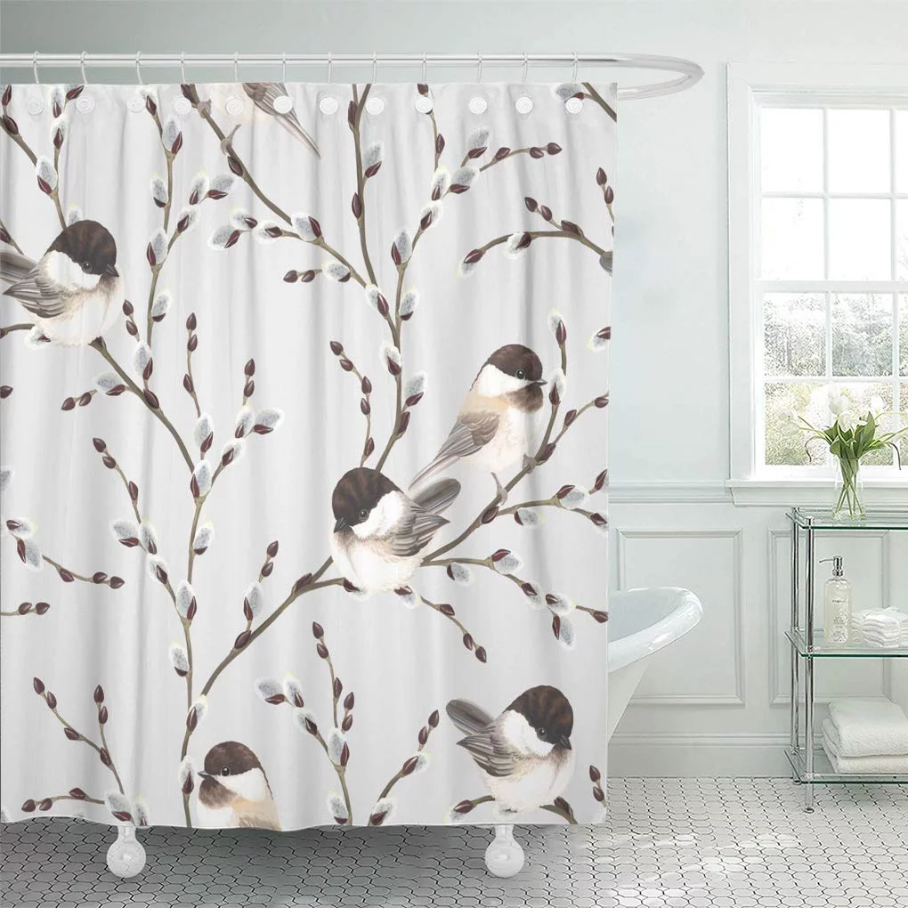 CYNLON Seamless Pattern of Willow Branches and Birds Black Capped Chickadee Bathroom Decor Bath Shower Curtain 60x72 inch