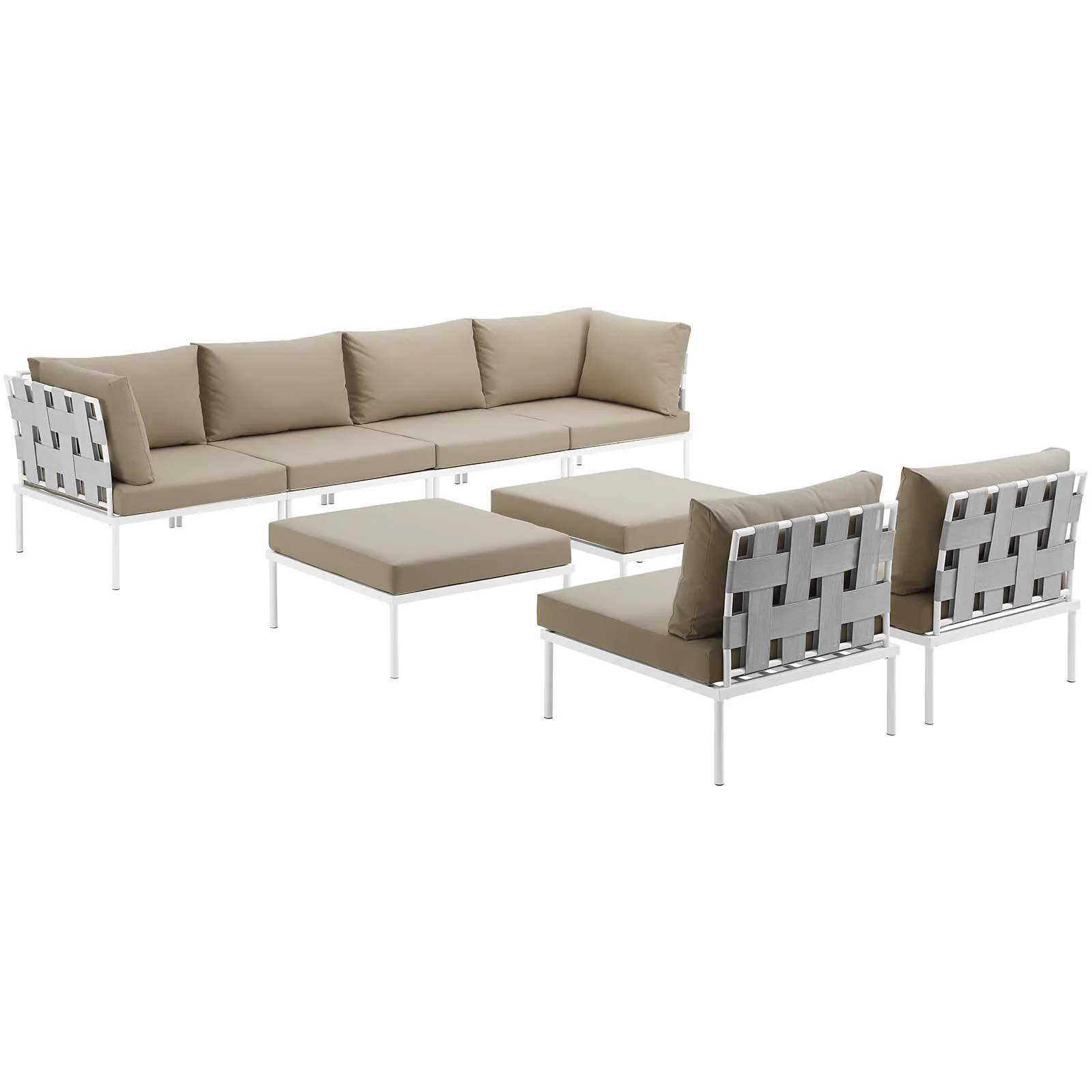 Modern Contemporary Urban Design Outdoor Patio Balcony Eight PCS Sectional Sofa Set, Beige White, Rattan