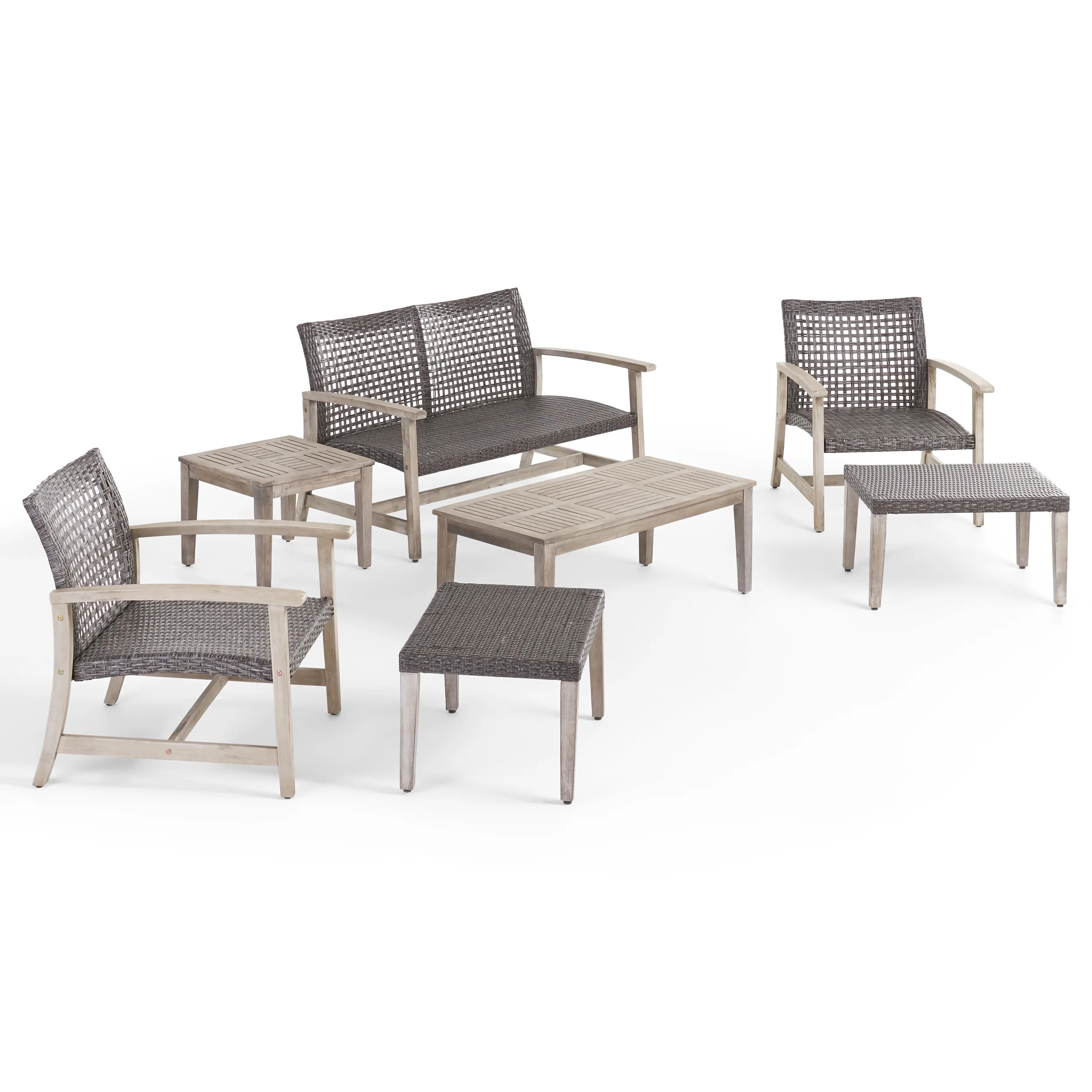 Camdyn Outdoor 7 Piece Wood and Wicker Chat Set, Mixed Black