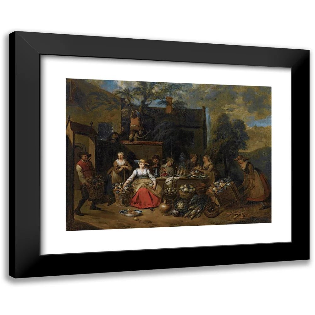 Jan Baptist Lambrechts 14x11 Black Modern Framed Museum Art Print Titled - An Elegant Company in a Landscape Amongst Different Fruits and Vegetables, a Woman with a Wheelbarrow Entering from