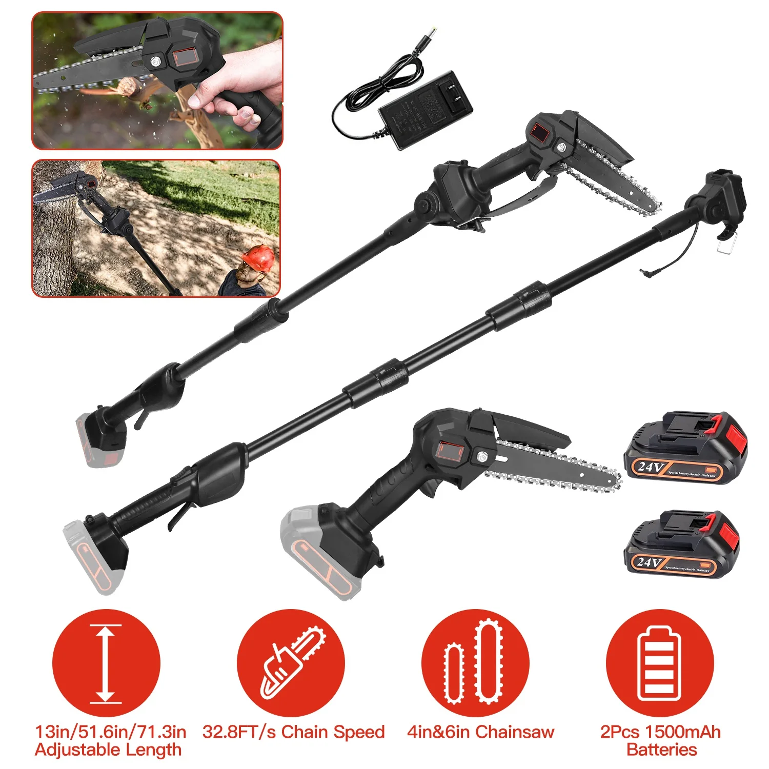 iMounTEK 2 in 1 Cordless Pole Saw Electric Mini Chainsaw Length Adjustable Chain Saw with 2Pcs 1500mAh Batteries 4in/6in Chains for Tree Trimming, Black