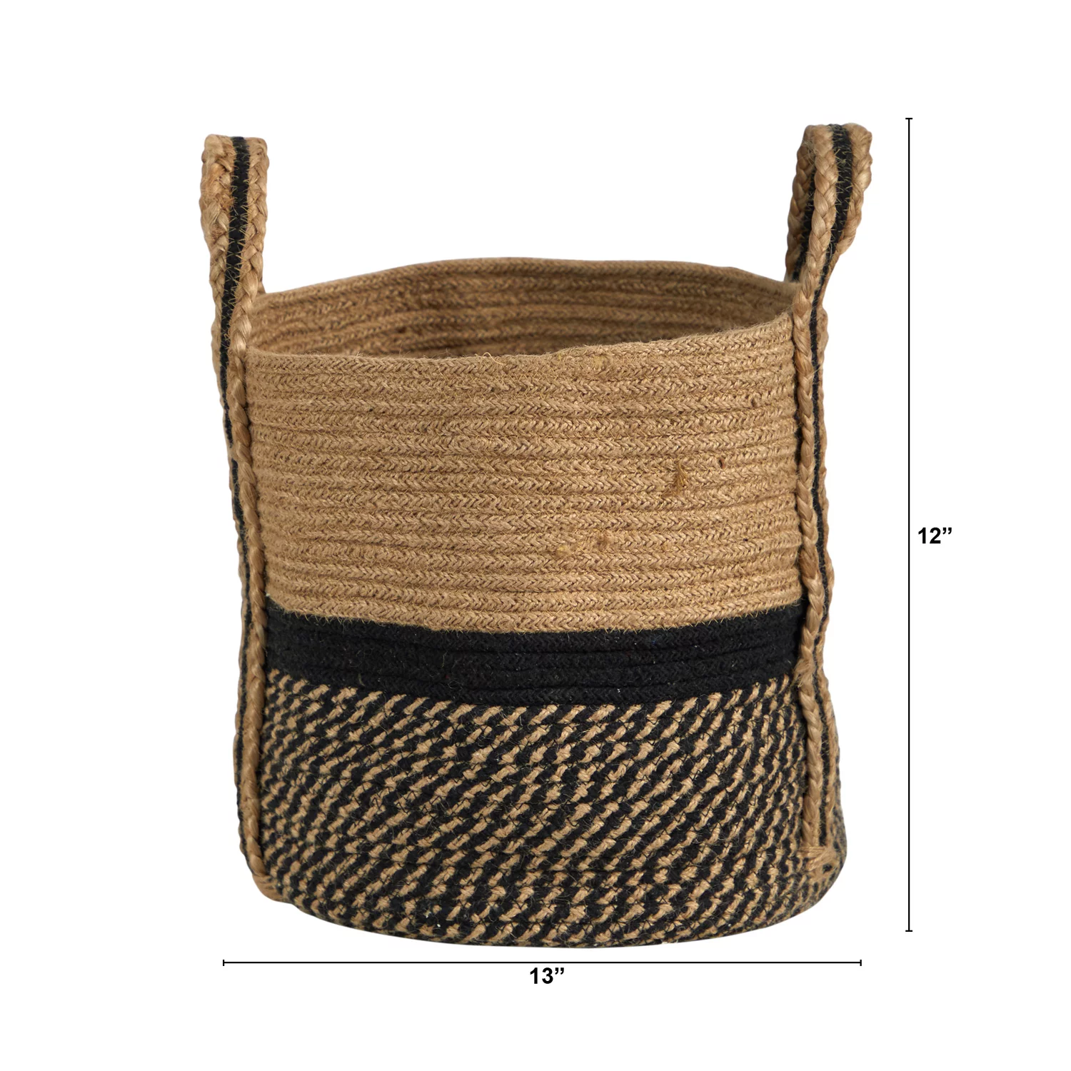 Nearly Natural 13in. Boho Chic Basket  Jute Basket Planter, Black Bottom  Top with Handles