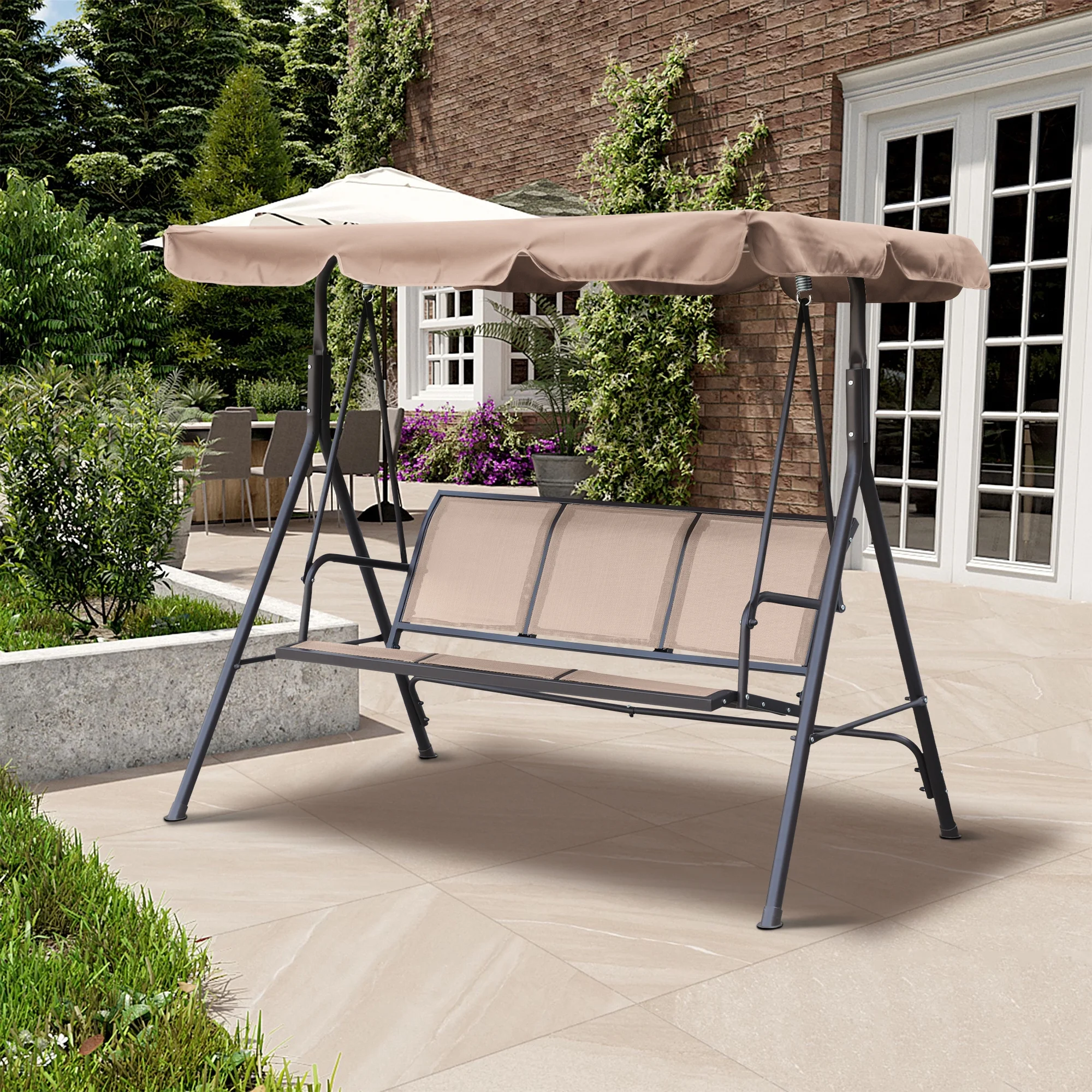 Boyel Living 2-Seat Steel Frame Outdoor Freestanding Porch Swing with Canopy & Textilene, Patio Porch swing Swing Glider-Khaki