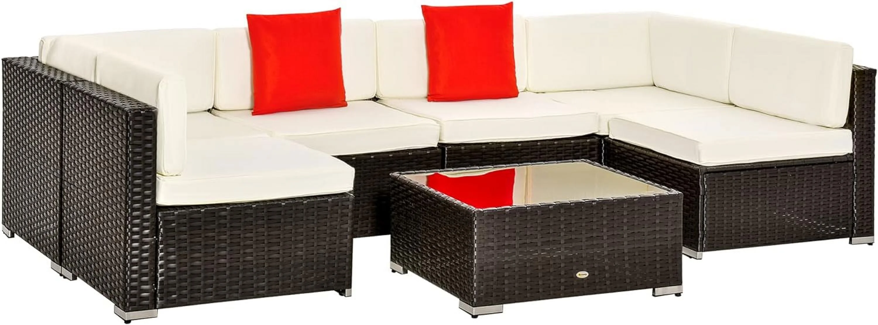 Outsunny 7-Piece Outdoor Patio Furniture Set in Orange & White Sectional Sofa, Coffee Table PE Rattan Wicker, Water-Safe Steel Frame for Backyard Comfort Easy to Clean