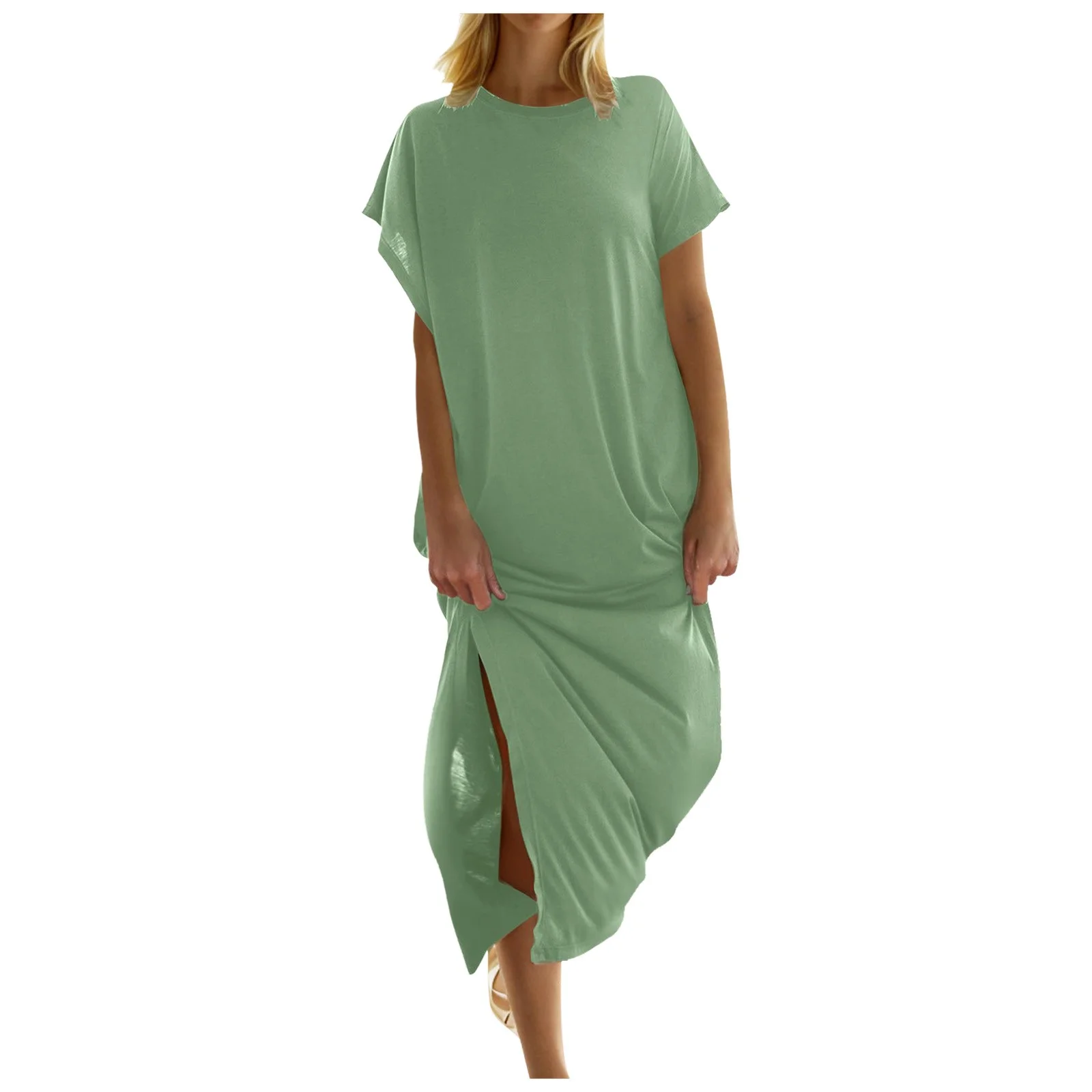 Winter Denim Skirt Women'S Summer Long Skirt T Shirt Covered Sleeve Round Neck Casual Loose Side Slit Long Beach Holiday Dress Skirt Hangers For Women