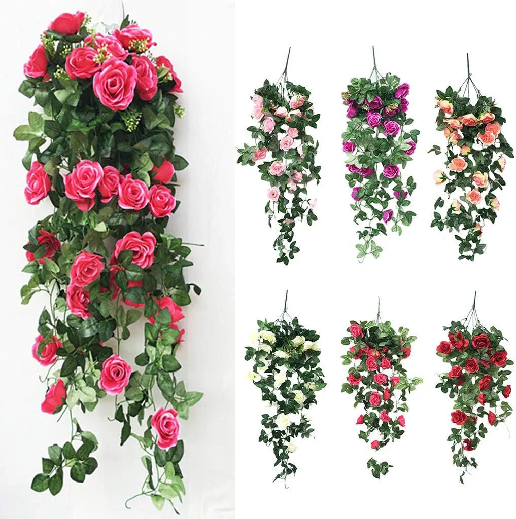 Spring Flowers Artificial for Decoration Fake Rose Faux Plants Indoor Green Rose Room Flower Flower Hanging Basket Balcony Orchid Home Wall Living Flower Vine Flower Decor Hanging Home Decor