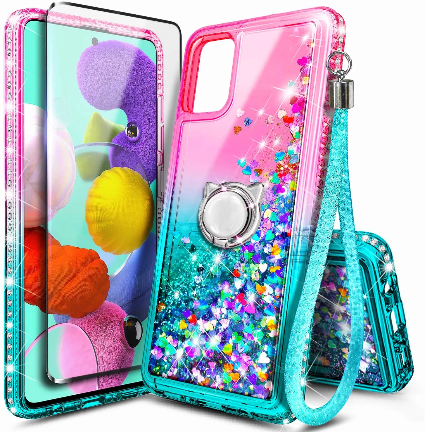 Compatible with Samsung Galaxy A71 5G Case with Tempered Glass Screen Protector, Ring Holder/Wrist Strap, Nagebee Glitter Liquid Floating Waterfall Cute Phone Cover (Pink/Aqua)