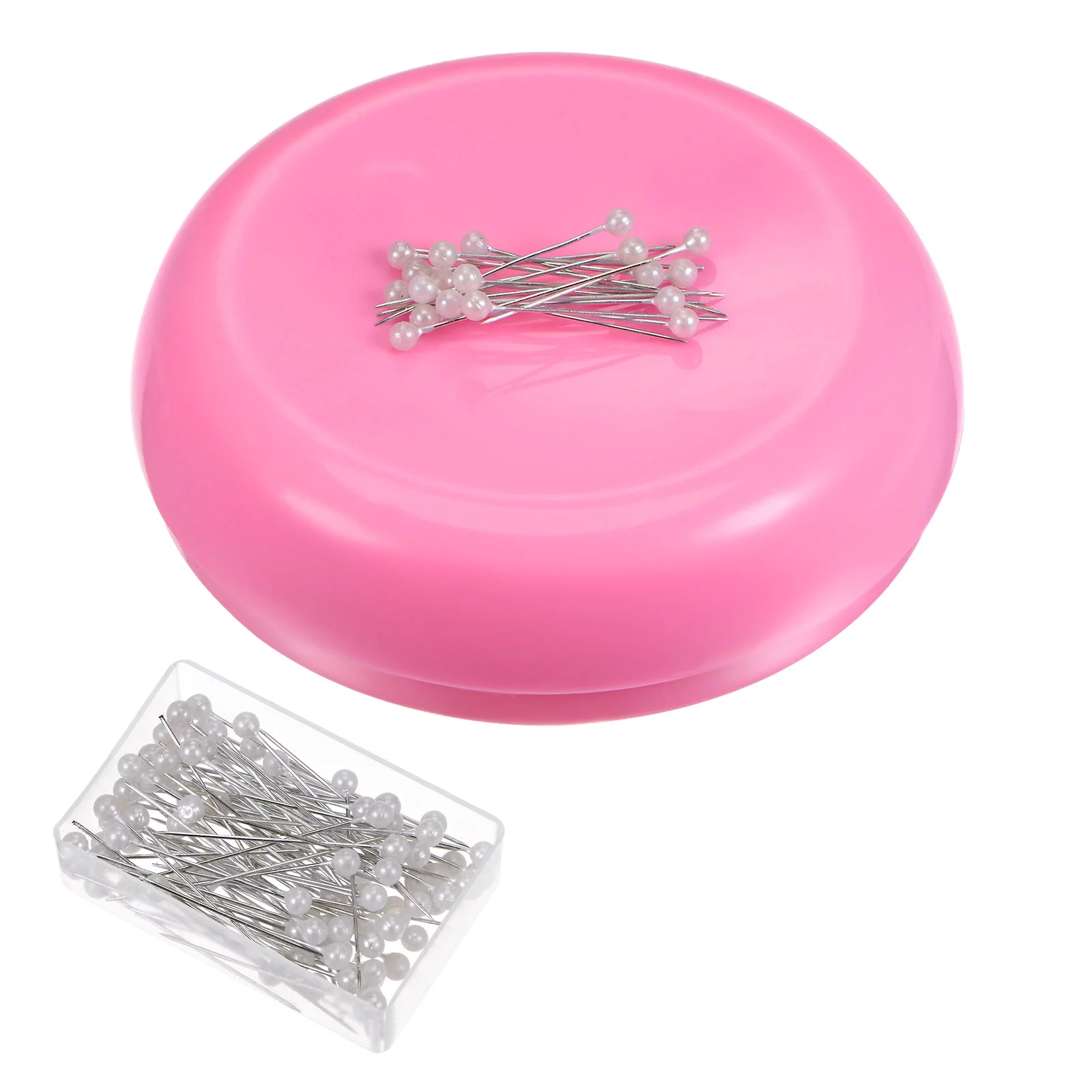 Uxcell Magnetic Pin Cushion Round Shape with 100pcs White Plastic Head Pins, Magnetic Pins Holder Pink