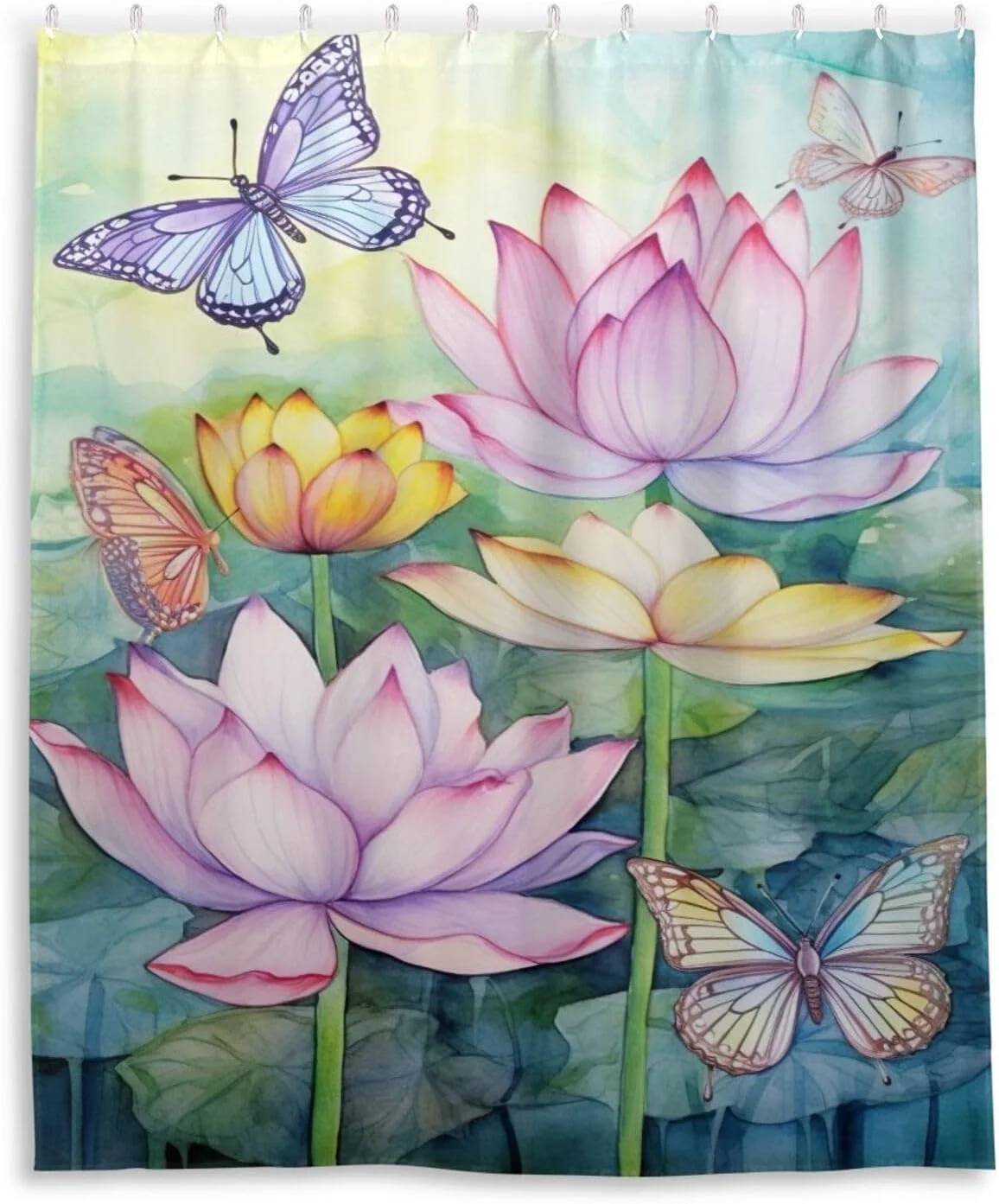 FREEAMG Lotus and Butterflies Shower Curtains Waterproof Fabric Shower Curtain Bathroom Decoration with Hooks Washable Bathroom Shower Curtains 60x72 Inch