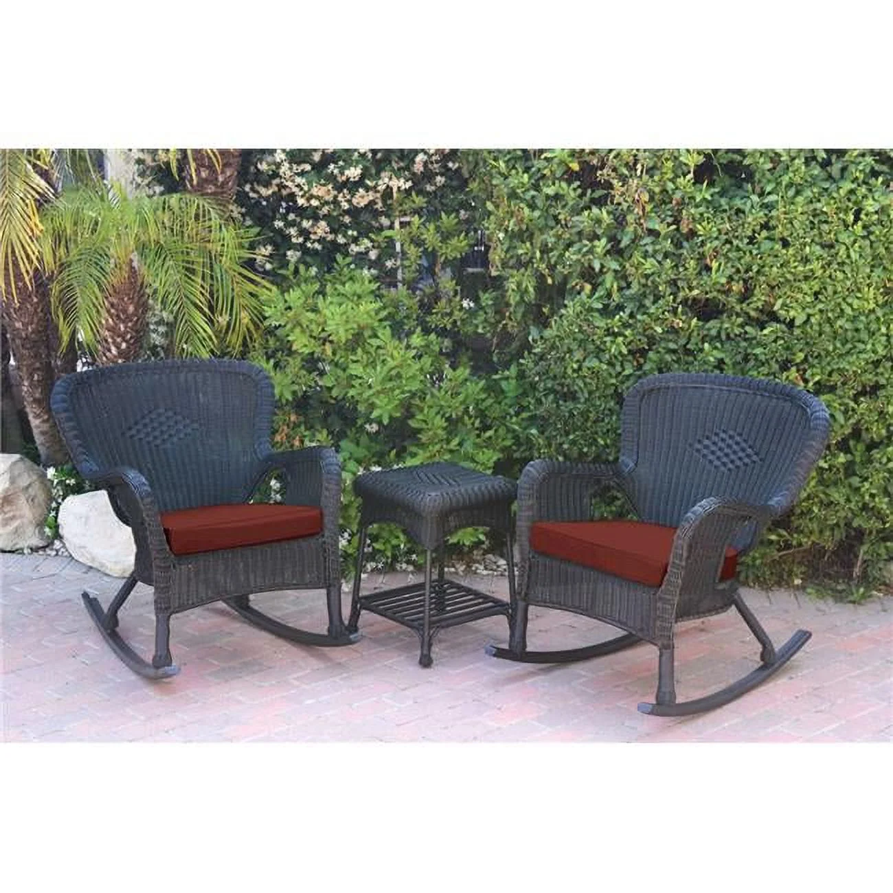 Jeco W00214-2-RCES018 Windsor Black Wicker Rocker Chair & End Table Set with Brick Red Cushion