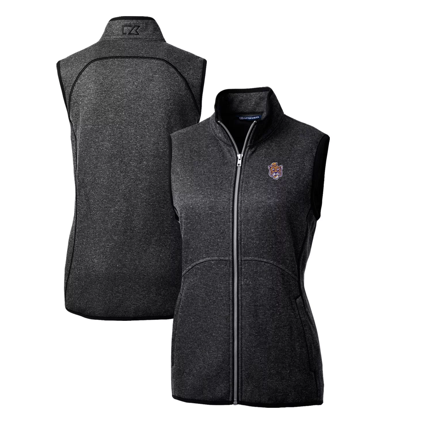 Women's Cutter & Buck Heather Charcoal LSU Tigers Mainsail Basic Sweater-Knit Full-Zip Vest
