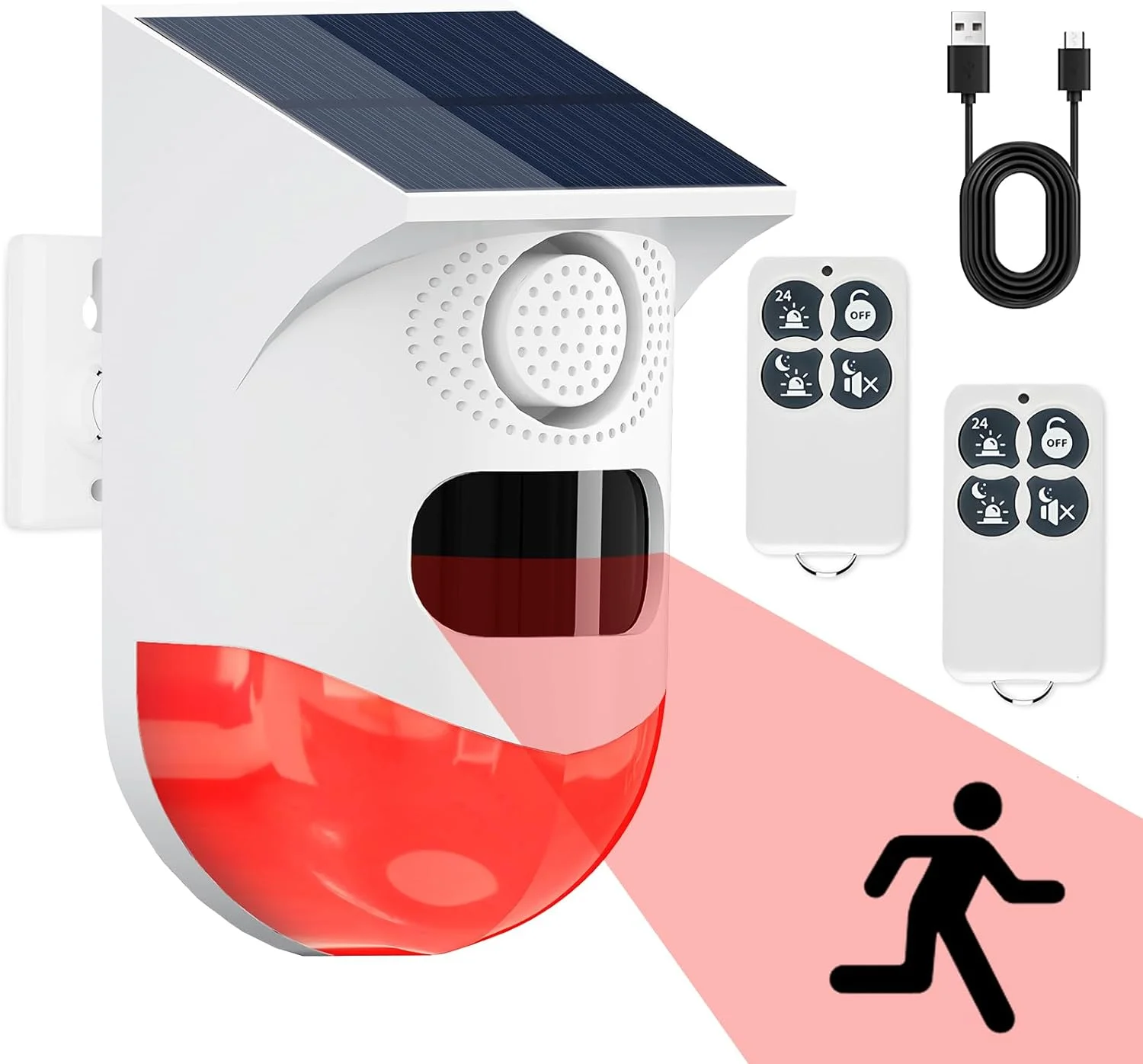 Solar Motion Sensor Alarm, Shed Alarm with 2 Remote Control, Wireless Infrared Motion Detectors, 120dB Sound and IP67 Waterproof, Outdoor Home Alarm System for Garage, Farm, Garden, Office