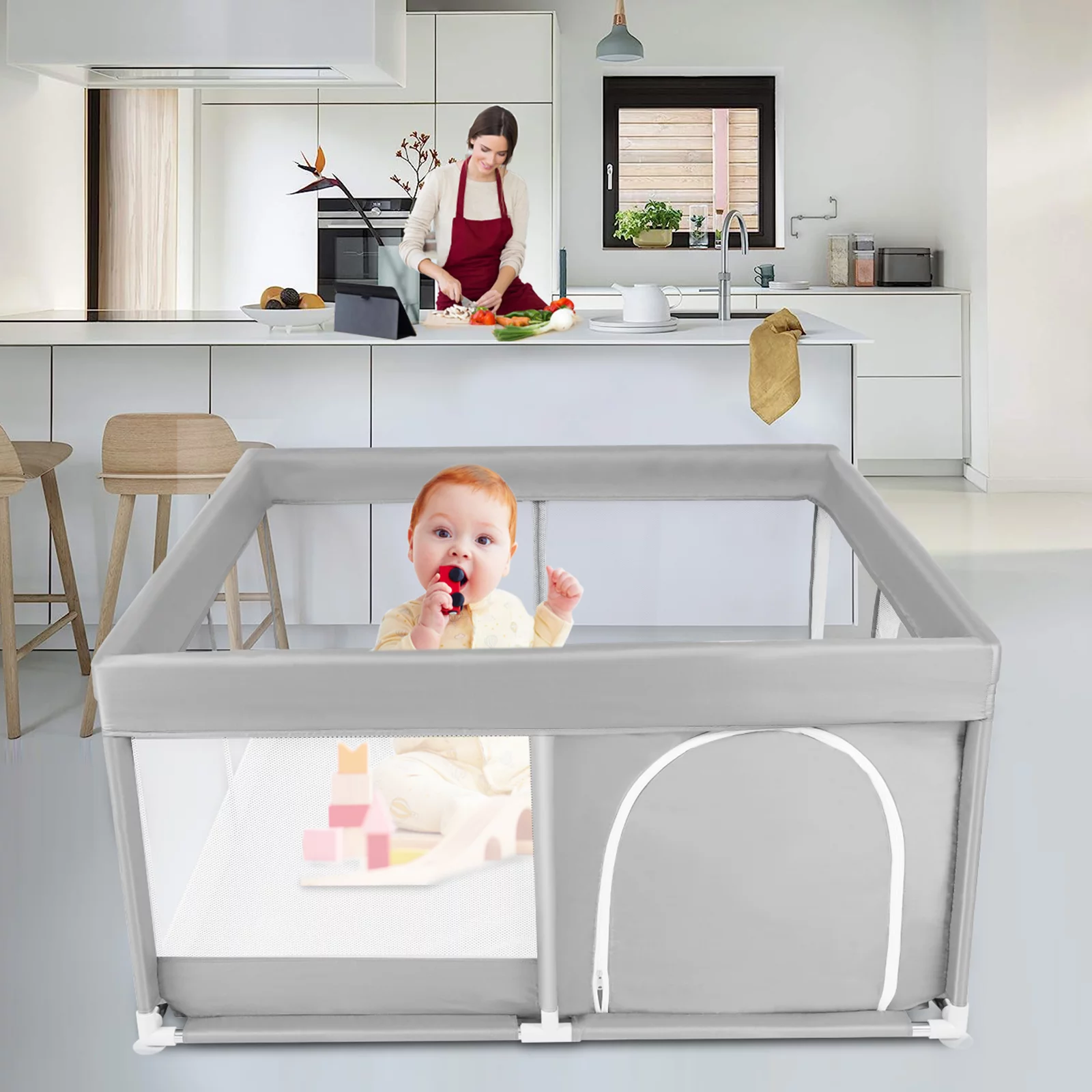 Luniquz Baby Playpen,Large Playpen for Toddlers,Playpen for Babies with Gate Indoor & Outdoor Kids Activity Center with Anti-Slip Base , Sturdy Safety Playpen with Soft Breathable Mesh(50”×50”)