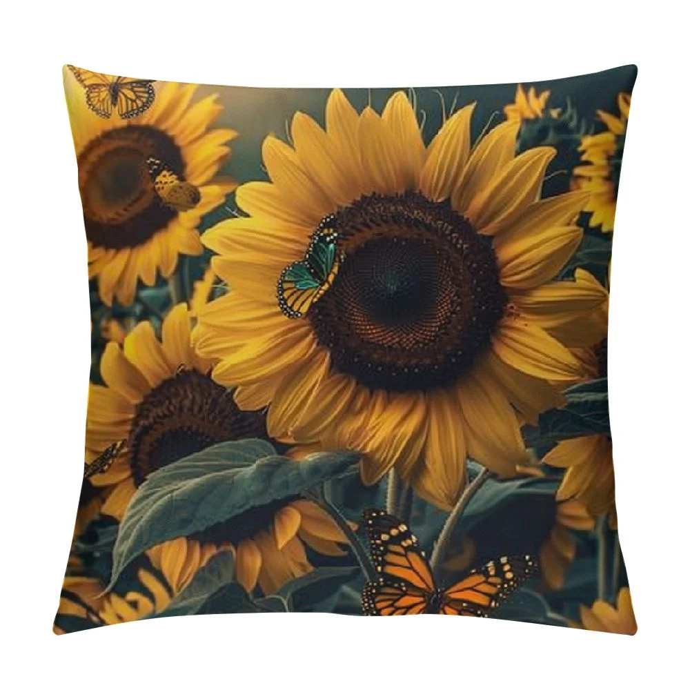 Qlloopoed Sunflower Field and Pattern， Throw Pillow Cushion Covers Used for Sofa,Bed,Farmhouse,Chair,Dining,Patio,Outdoor,Yellow and Black White