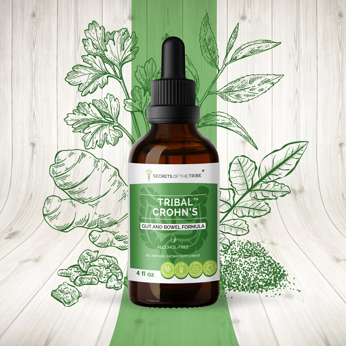 Tribal Crohn's Alcohol-FREE Extract, Tincture, Glycerite Slippery Elm, Parsley, Marshmallow, Turmeric, Frankincense, Green Tea. Gut and Bowel Formula 4 oz