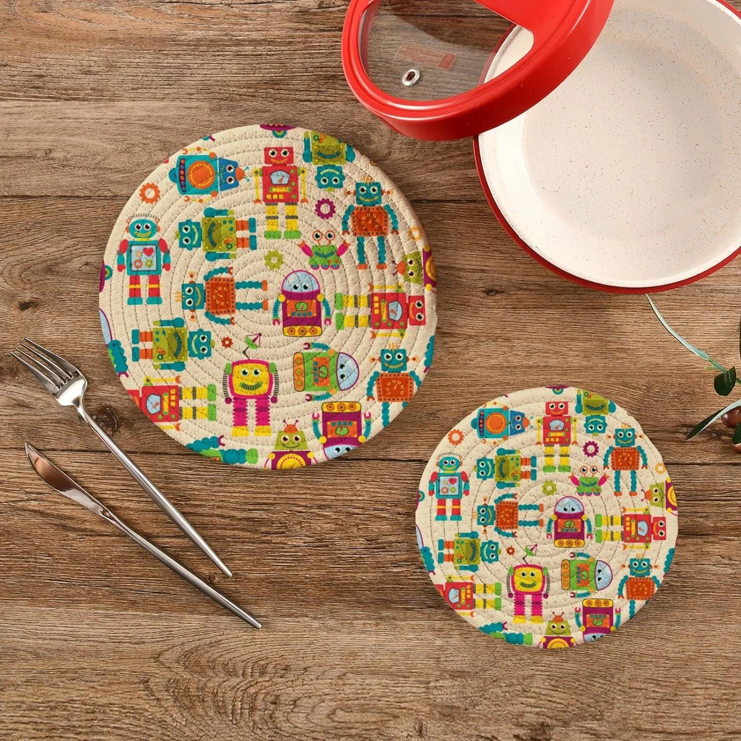 Wellsay Funny Robots Cartoon Pot Holders Trivets 2 Pcs Heat Resistant Trivets for Hot Dishes,Cute Mosaic Toys Cotton Thread Weave Trivet Mats for Hot Pads Pans Pot Bowl Teapot for Kitchen Decor