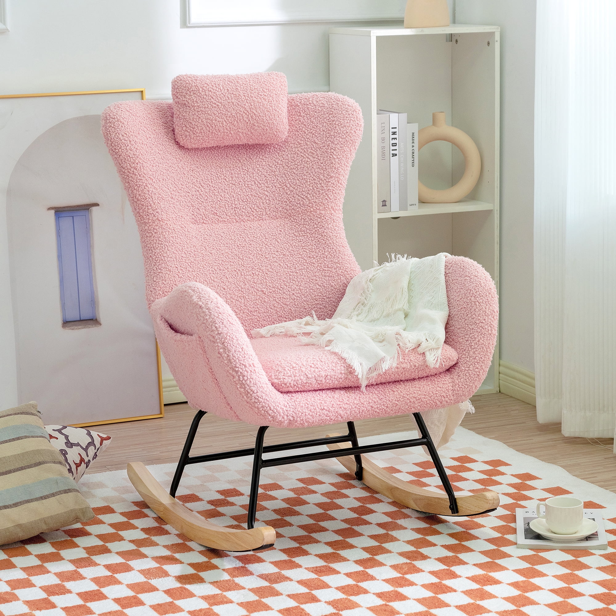 DeeHome Rocking Chair Nursery, Teddy Upholstered Rocker Glider Chair with High Backrest, Adjustable Headrest & Pocket, Comfy Glider Chair for Nursery, Bedroom, Living Room, Offices, Rubber wood, pink