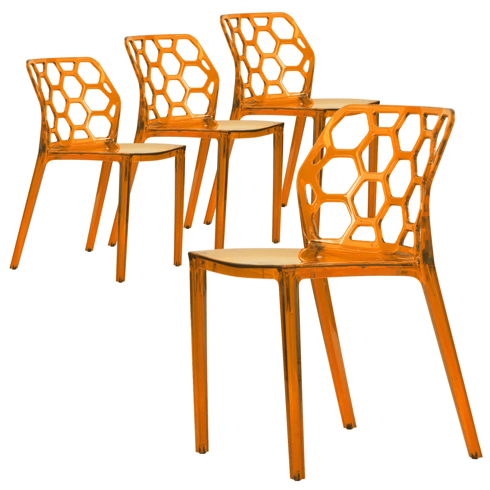 LeisureMod Dynamic Modern Honeycomb Design Dining Chair, Transparent Orange Set of 2