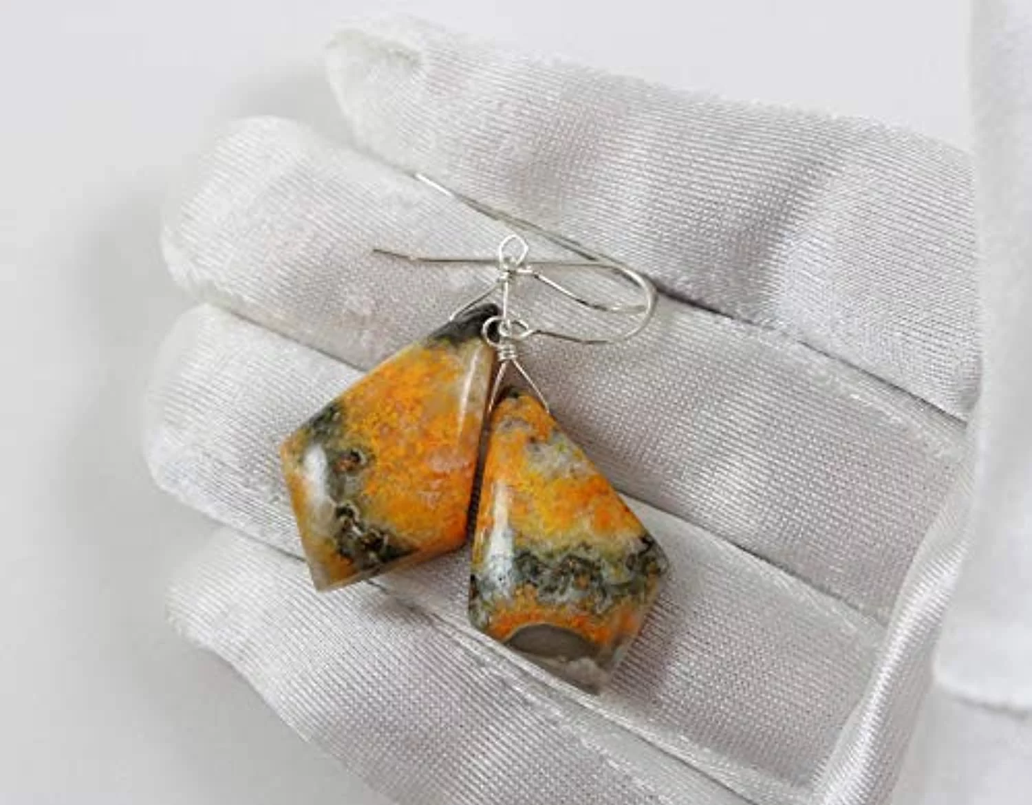 Sterling Silver Bumble Bee Jasper Earrings Large Pointed Triangle Teardrops Smooth Cut Yellow Orange Dangles Designed for Adult Women and Teen Girls