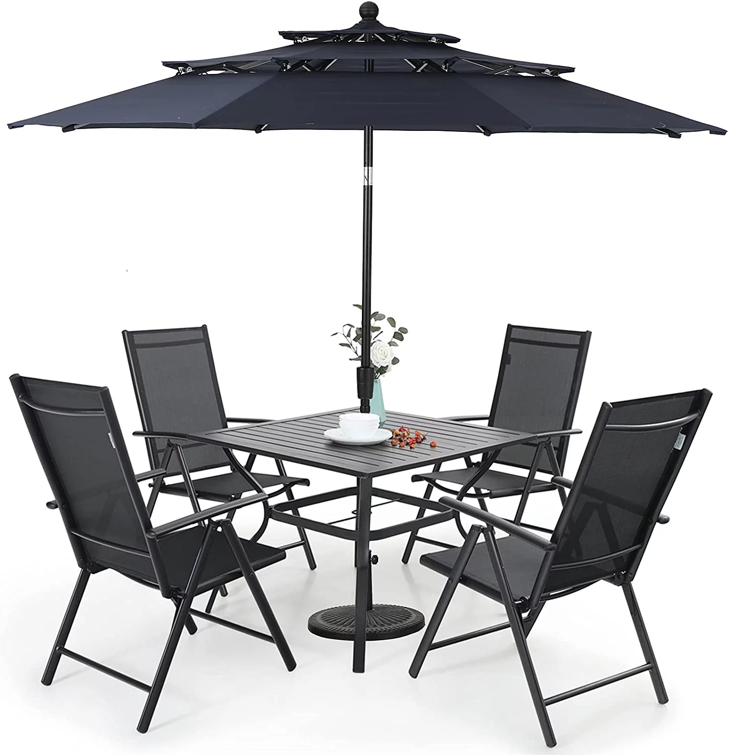 & William Outdoor 6 Pieces Dining Set with 4 Rattan Chairs  1 Metal Table and 1 10ft 3 Tier Auto-tilt Umbrella(No Base) Orange Red  Modern Patio Furniture for Poolside  Porch  Patio