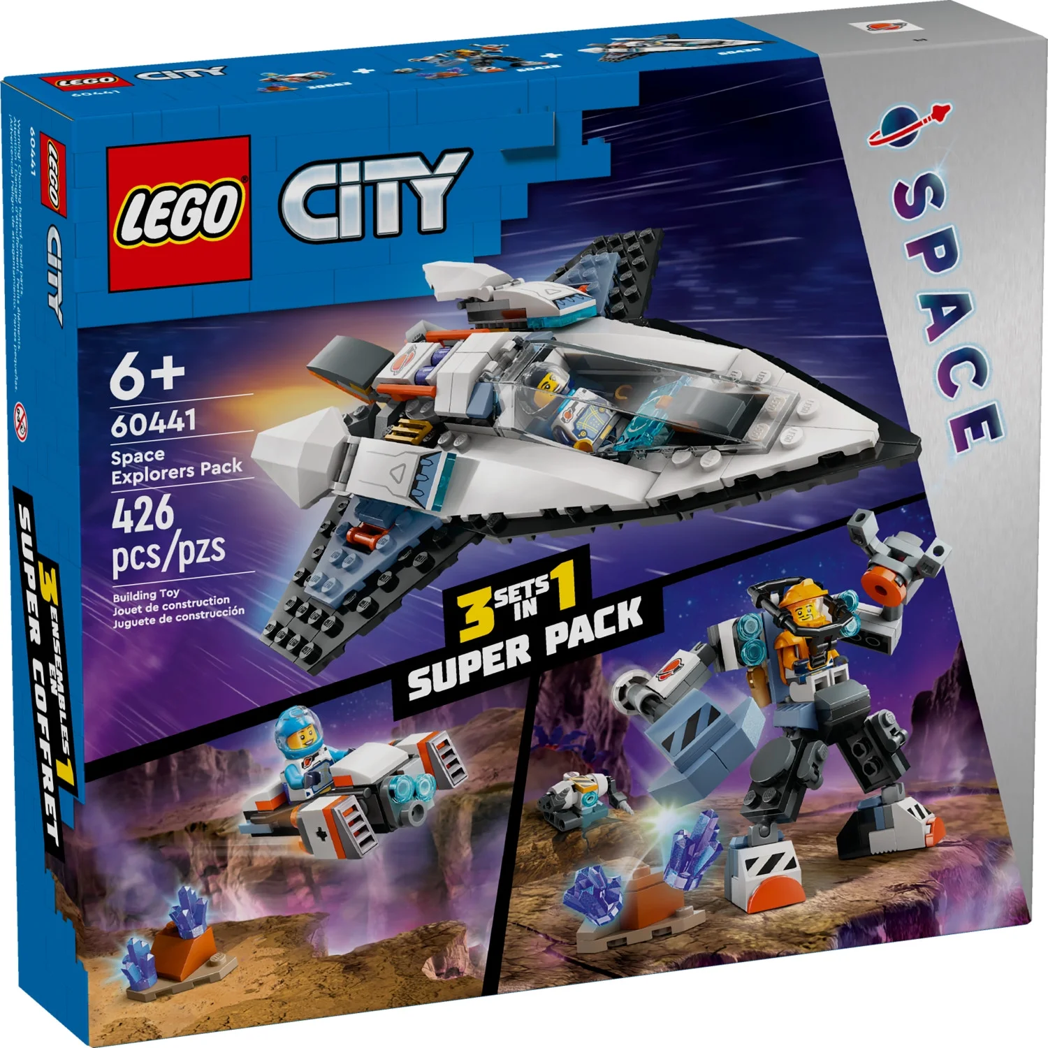 LEGO City Space Explorers Pack, Kids’ Space Toy Playset Bundle for Boys and Girls Aged 6 and Up, 3 Building Sets in 1 Box, Space Gift Mech Toy, Interstellar Spaceship, Hoverbike, 3 Minifigures, 60441