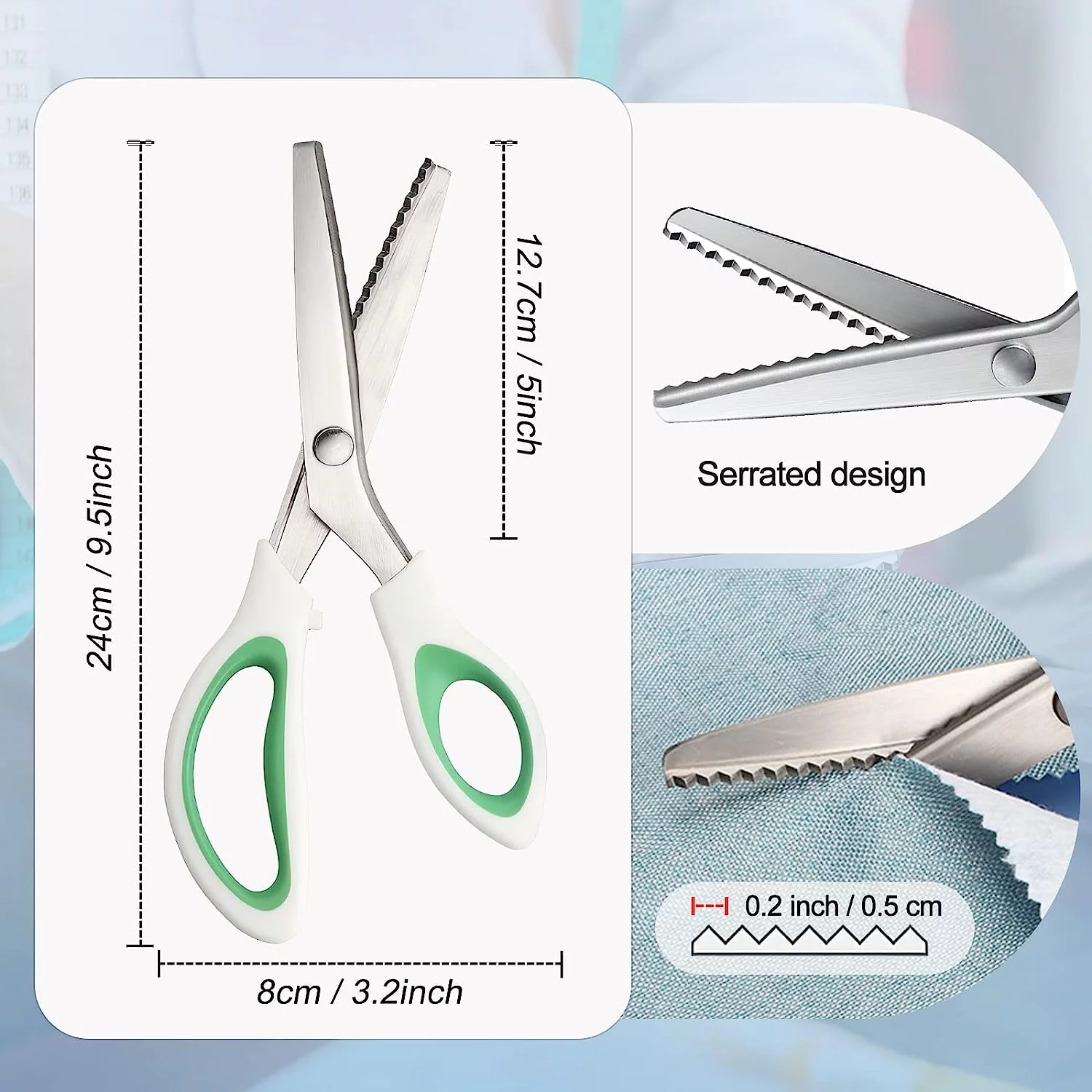 Green scissors for fabric cutting, zigzag scissors, adult scrapbooking scissors trimming edges, great for many sewing fabrics, leather and kraft paper, professional hand-held tailor