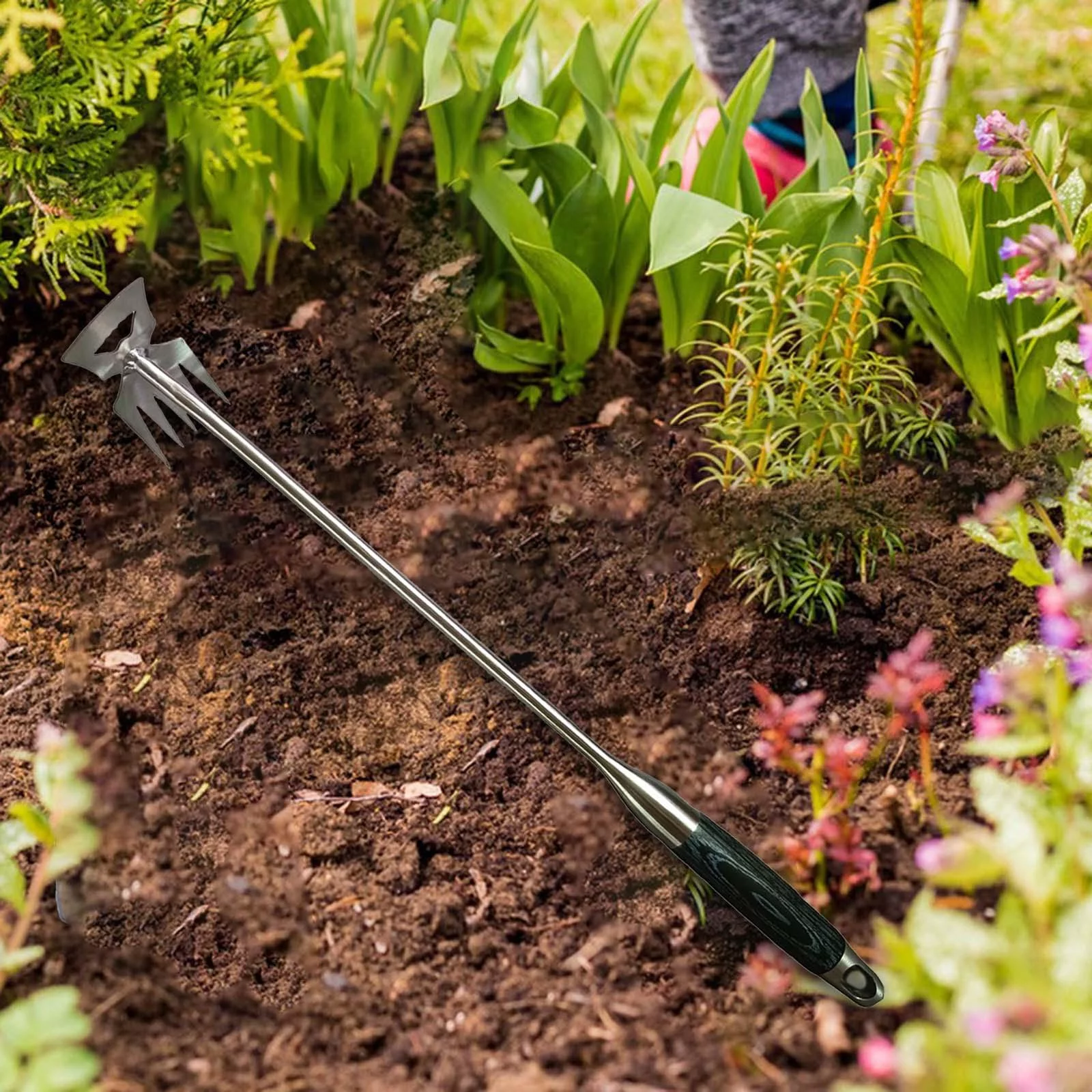 Patio Weeders Weeding Remover Tool 5 Tines Lightweight Dual Purpose Garden Lawn Care Multifunctional Weeder for Planting Bonsai Courtyard black wood handle