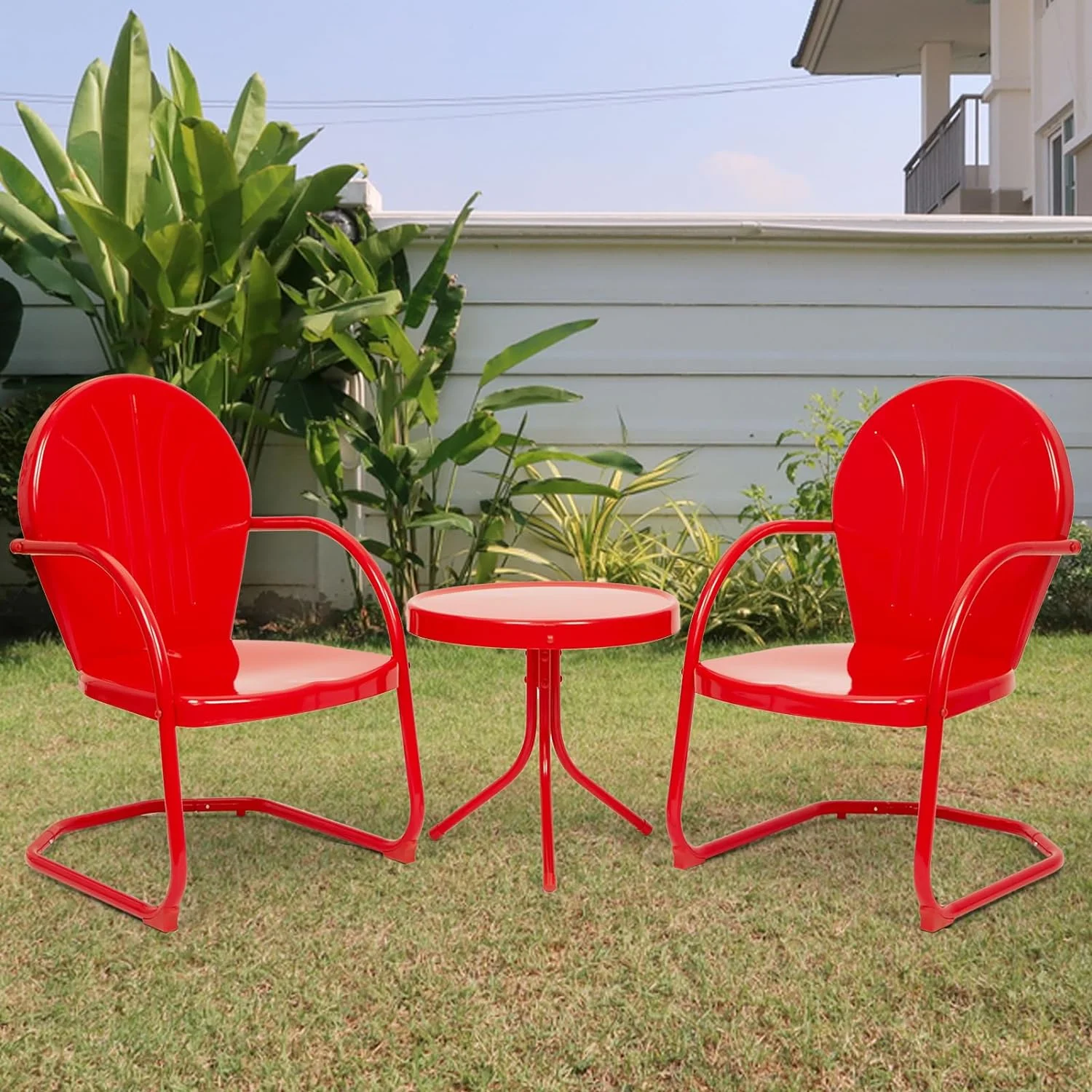 Patio Bistro Set Retro Metal Outdoor Seating Set Conversation Set 3 Piece, 2 C-Spring Motion Chairs and Side Table, Red