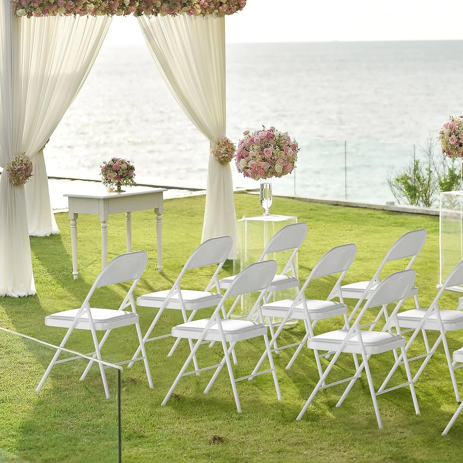 VINGLI Folding Chairs with Padded Seats, Metal Frame with Pu Leather Seat & Back, Capacity 350 lbs, White, Set of 6