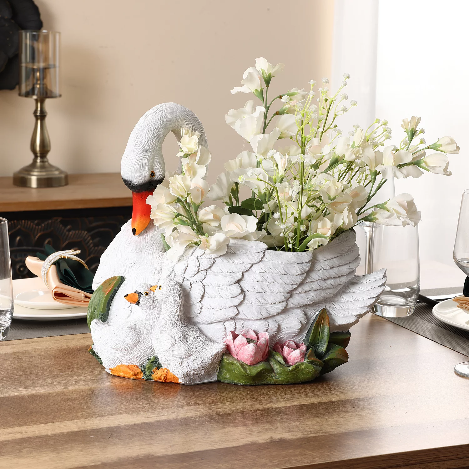 LuxenHome White Resin Swan Family Planter