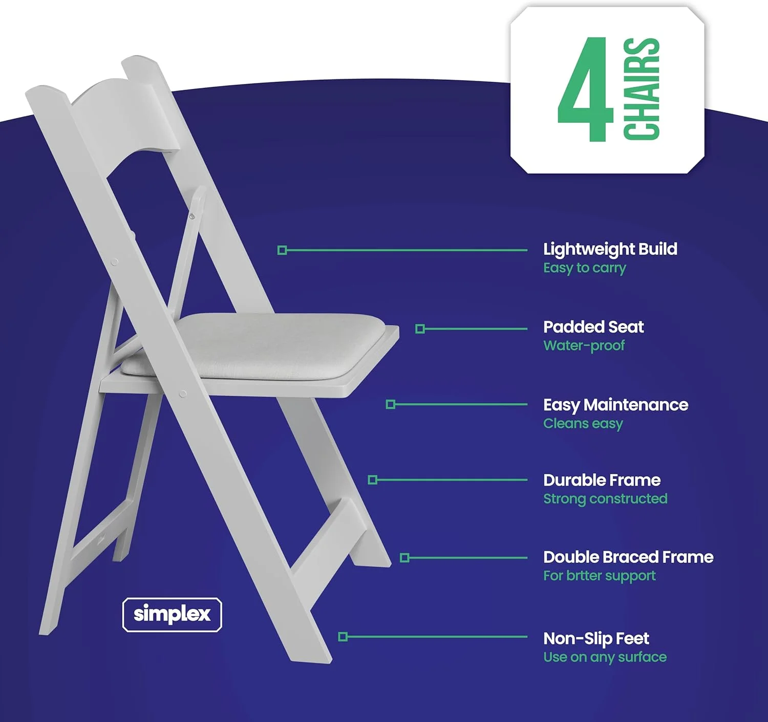 4 White Resin Stackable Folding Chairs - Comfortable White Foldable Chair - Folding Chairs With Padded Seats - Indoor/Outdoor Folding Chairs For Events - Lightweight Foldable Chairs (4 Pack)