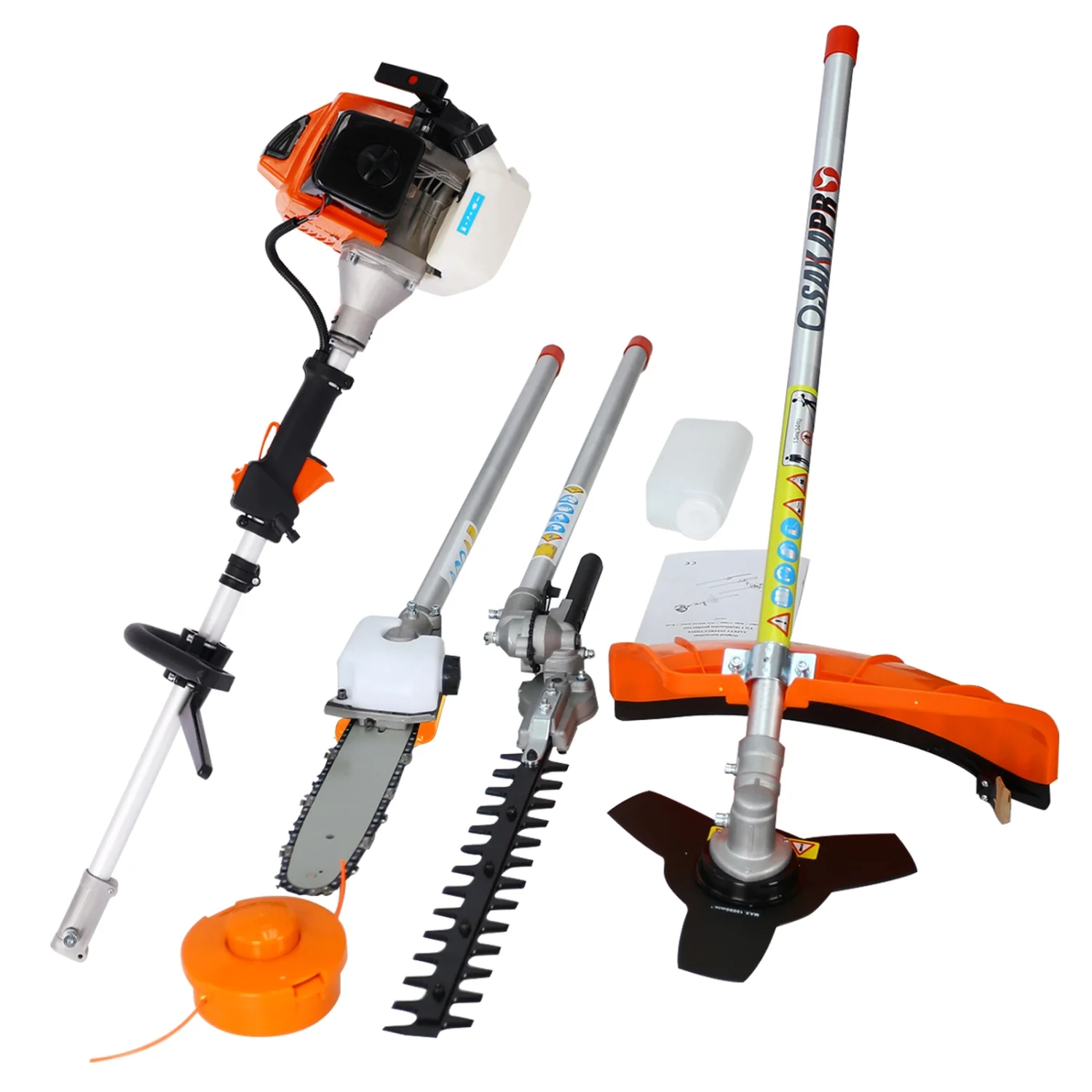 EPA Compliant Multi-Functional 4 in 1 63CC 2-Cycle Garden Tool System with Gas Pole Saw  Hedge Trimmer  Grass Trimmer  and Brush Cutter