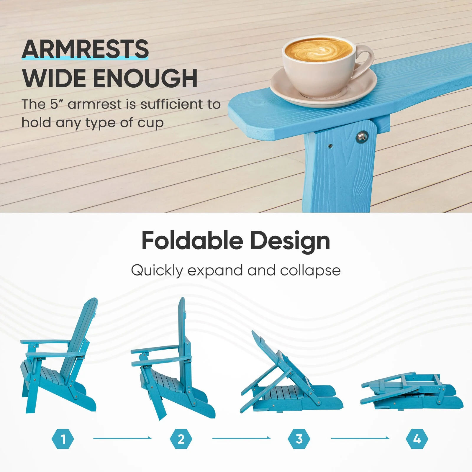 Folding Adirondack Chair Poly Patio Chair Fire Pit Chair Weather Resistant Blue