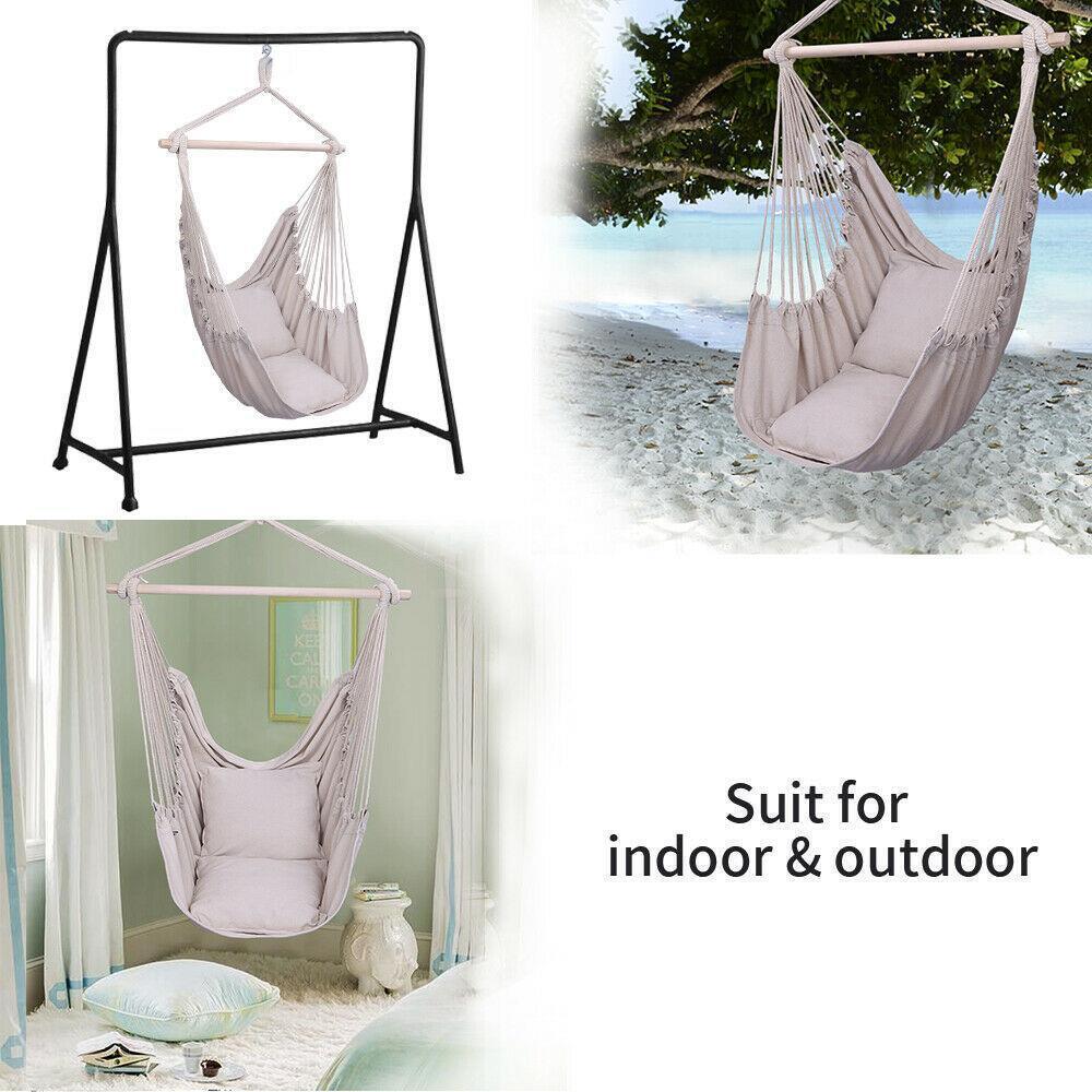 Hammock Hanging Rope Chair Swing Seat Patio Seating Wooden /w 2 Pillows Beige US