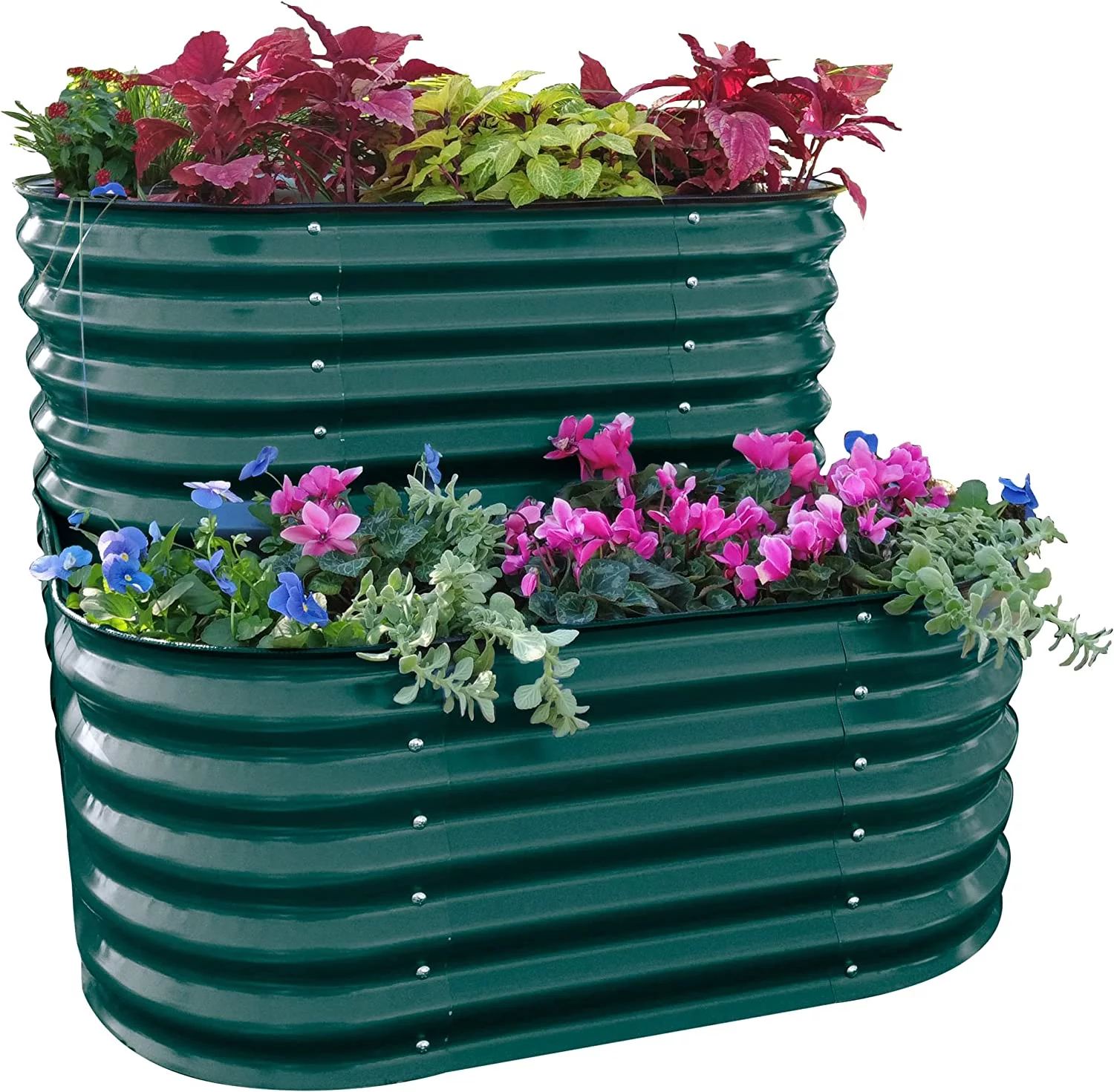 Cascading Raised Garden Planter Box Outdoor Metal Galvanized Gardening Bed for Vegetables Herb & Flower, British Green