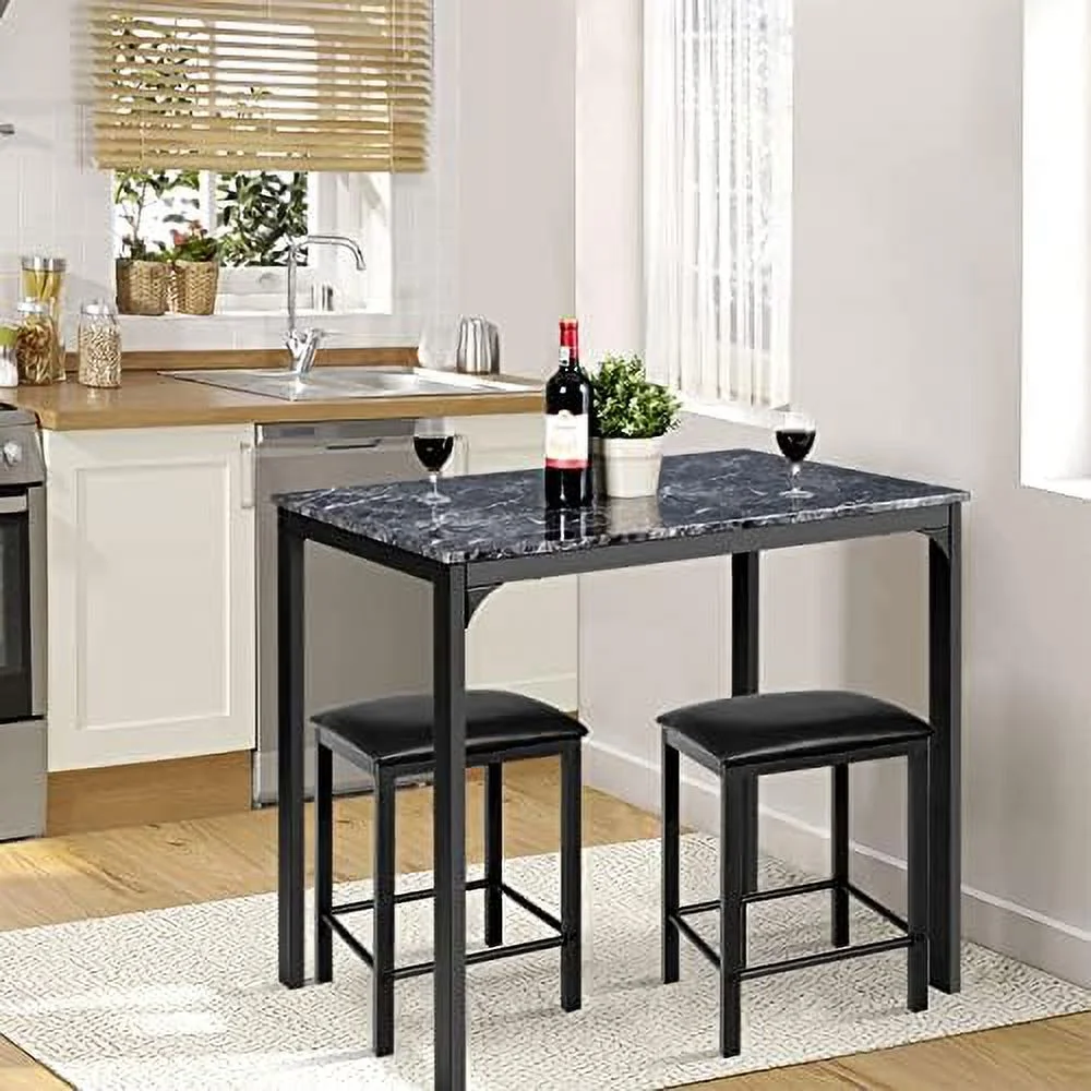 ZWNLKQG Dining Table Set for 2 w/Faux Mable Tabletop and PU Leather Stools  3 Pieces Table and Chairs  2 Person Kitchen Table Set for Bistro  Cafe (Black)