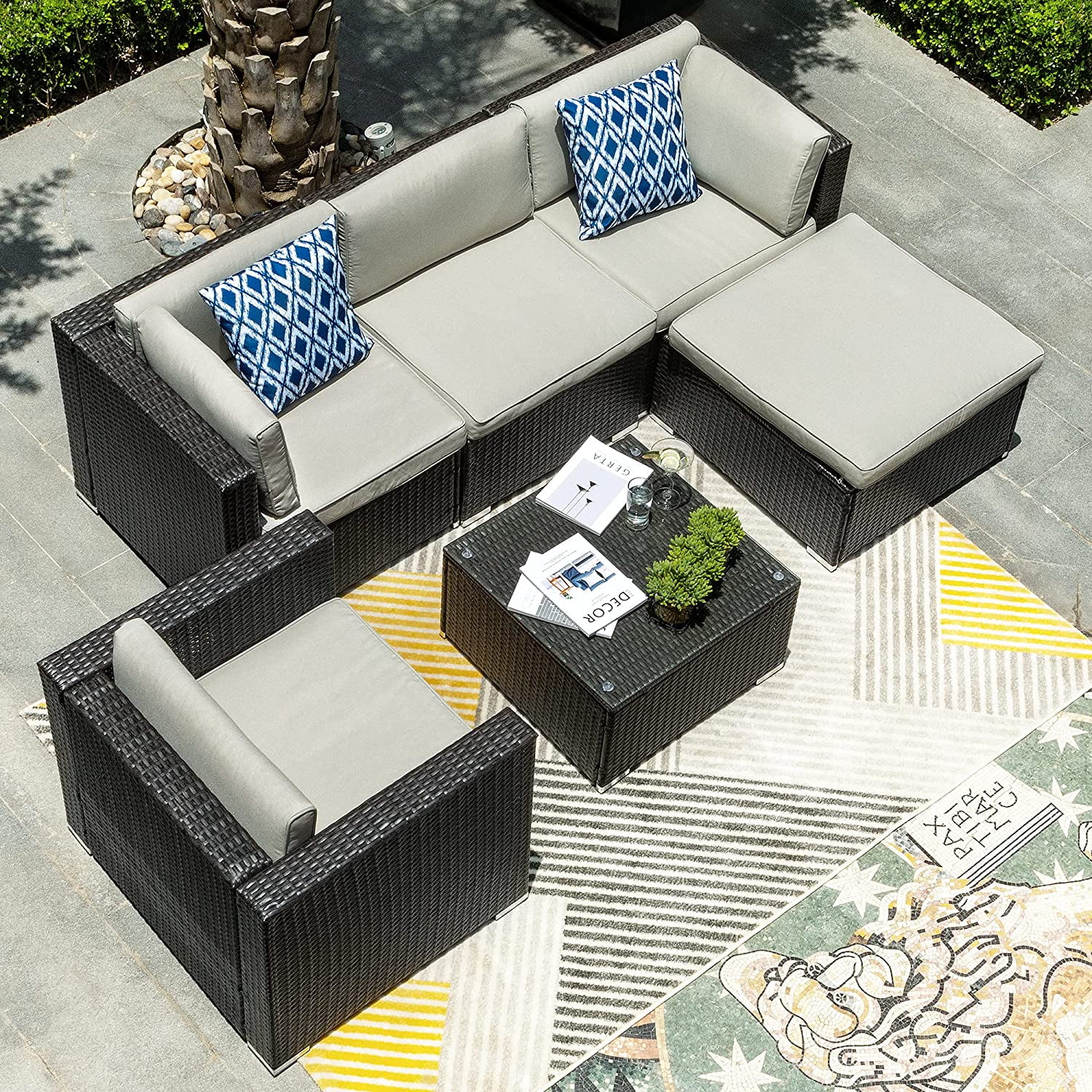 6 Pieces Outdoor Conversation Set Patio  Manual Weaving Wicker Outside Sectional Sofa PE Rattan Couch with Ottoman  Table and Cushions for Porch Lawn Garden Backyard  Black