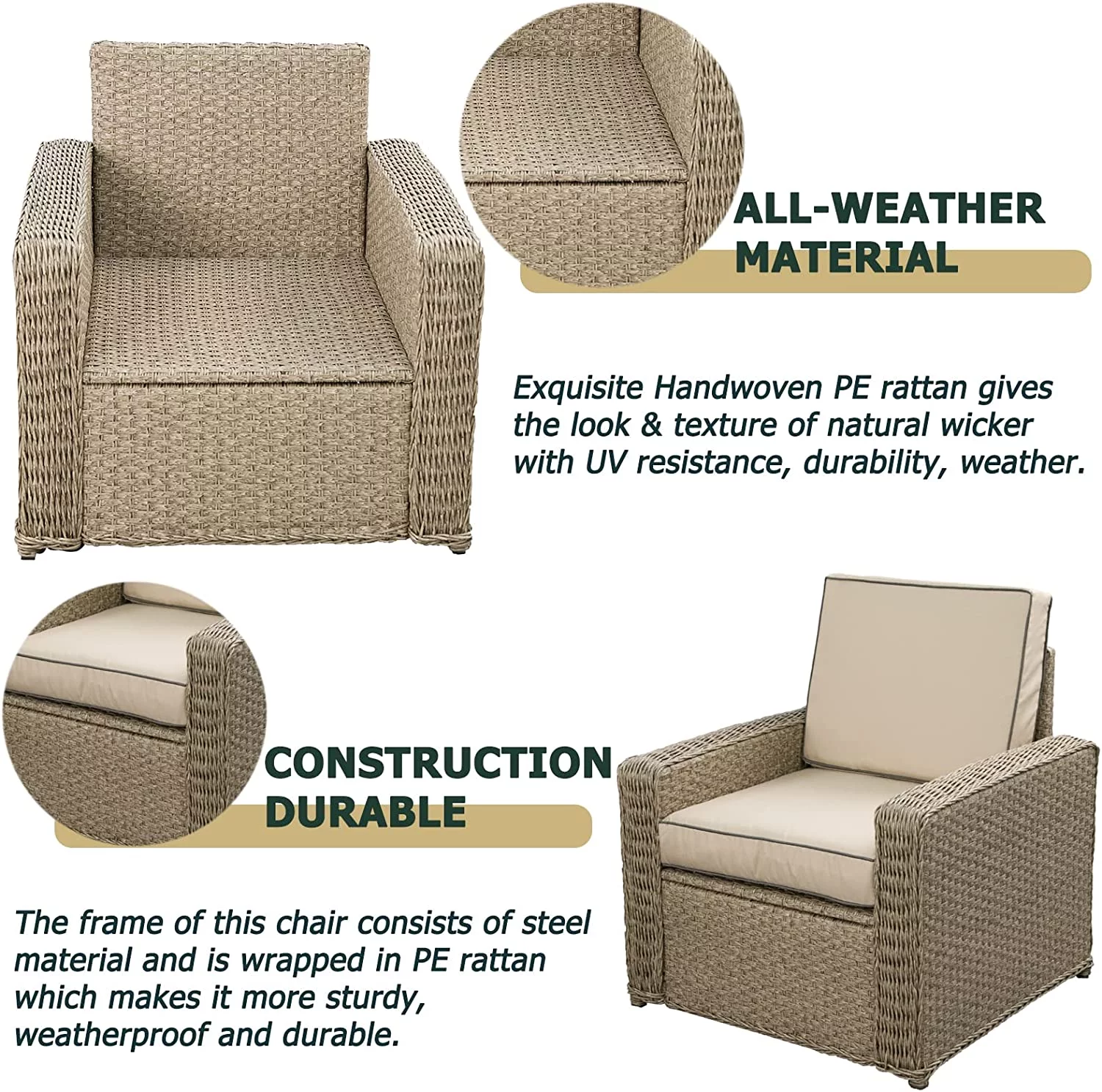 FURNITURE ONE 3 PCS Patio Rattan Furniture Bistro Set Cushioned Sofa Chair Glass Table with Ice Bucket Garden Armchair Set