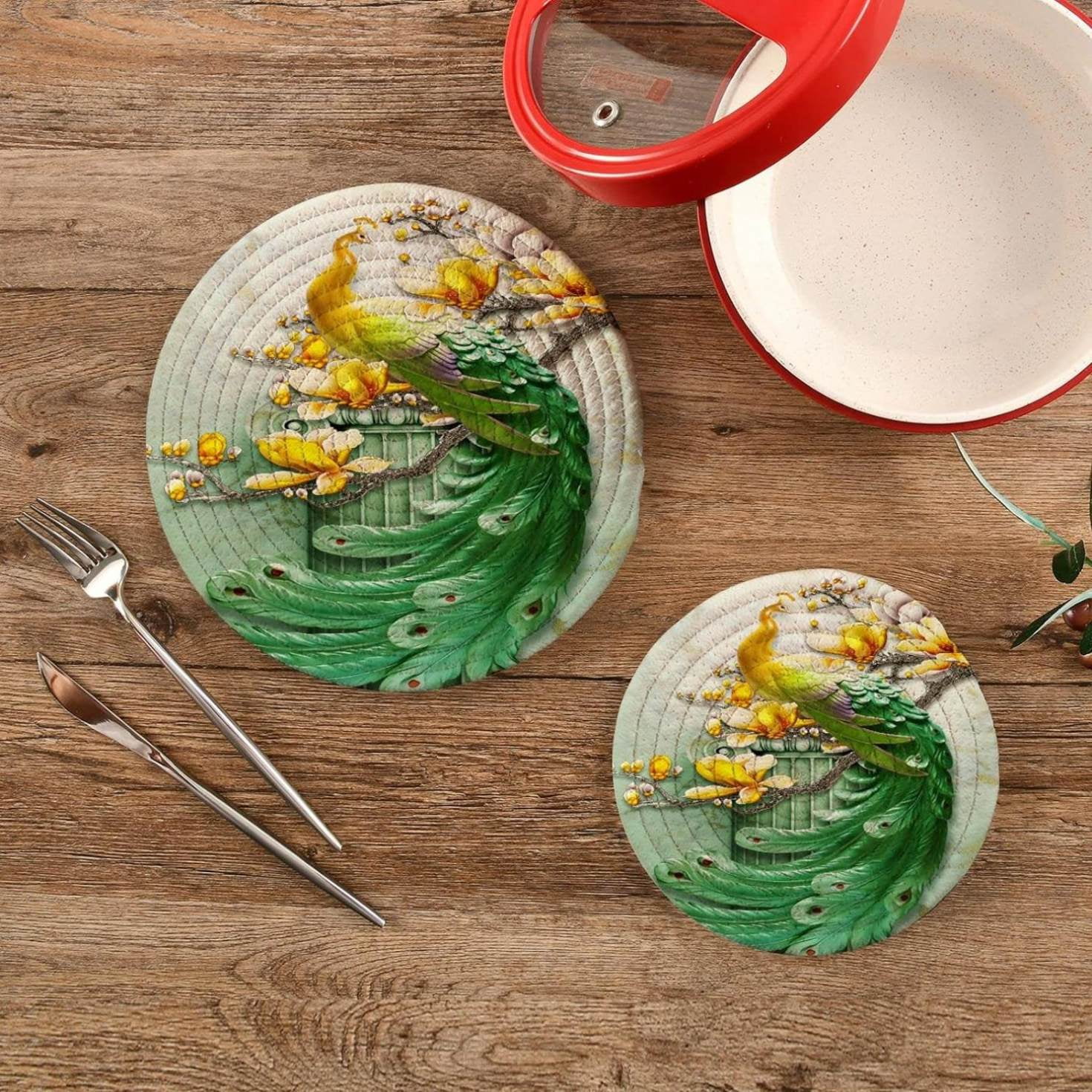 Spring Peacock Green Potholders Set Trivets Set 2 PCS, Summer Floral Flowers Pot Holders for Kitchen, 100% Cotton Woven Hot Pads for Kitchen, Trivets for Kitchen Heat Resistant, 7.09