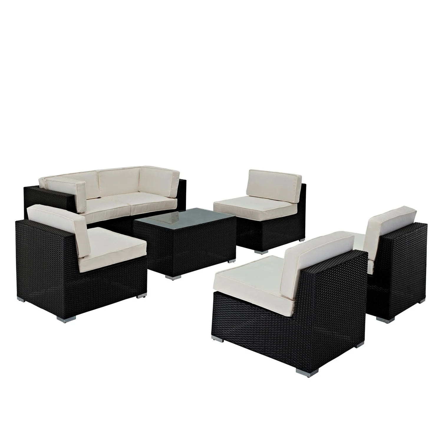Lounge Sectional Sofa Table Set, White, Rattan, Wicker, Outdoor Patio Balcony Cafe Bistro Garden Hospitality Restaurant, Modern Contemporary HB35856