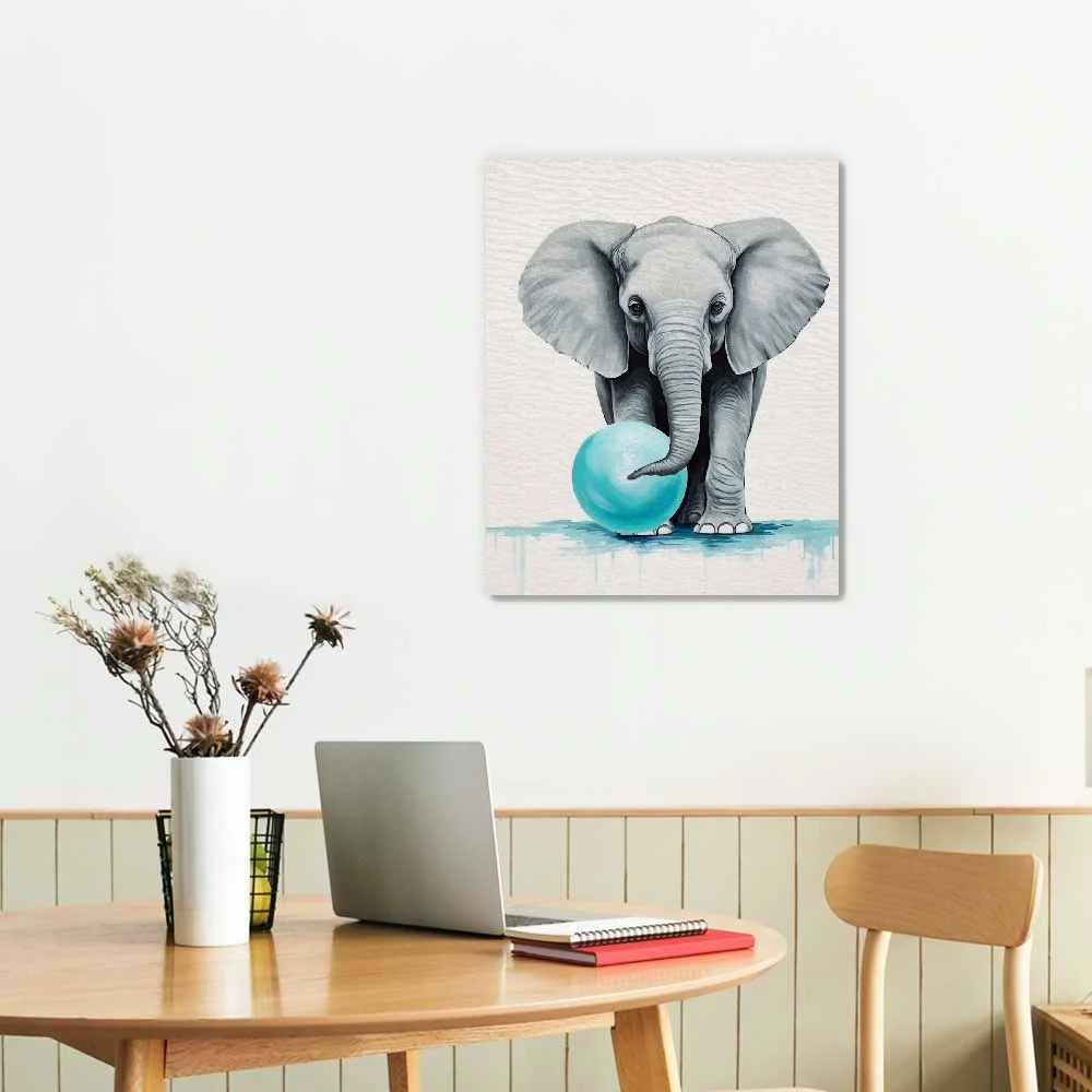 QCPP  Cute Baby Elephant Animal Bubble Gum Art Teal Blue Canvas Print Watercolor Painting Wall Art Home Decoration Pop Art Kids Room Decor Nursery Ready to Hang Made in The USA 16x20 in