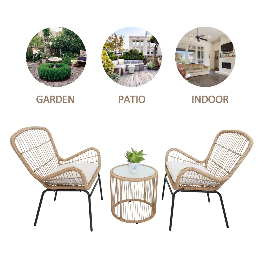 3 Piece Patio Set, Outdoor Wicker Chairs with Glass Top Table and Soft Cushion, Rattan Front Porch Furniture