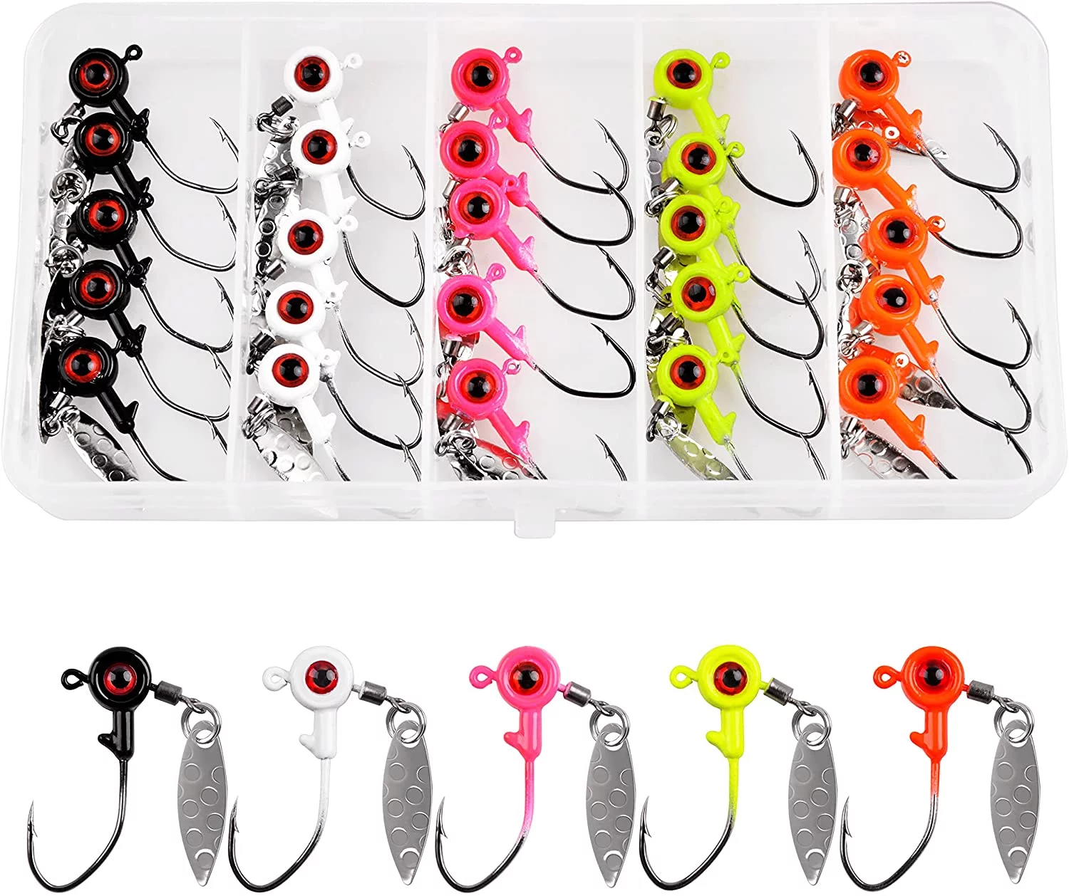 Crappie Fishing Jig Heads Kit,25pcs Underspin Lures Jig Head with Spin Blade Eye Ball Painted Jigs Hooks