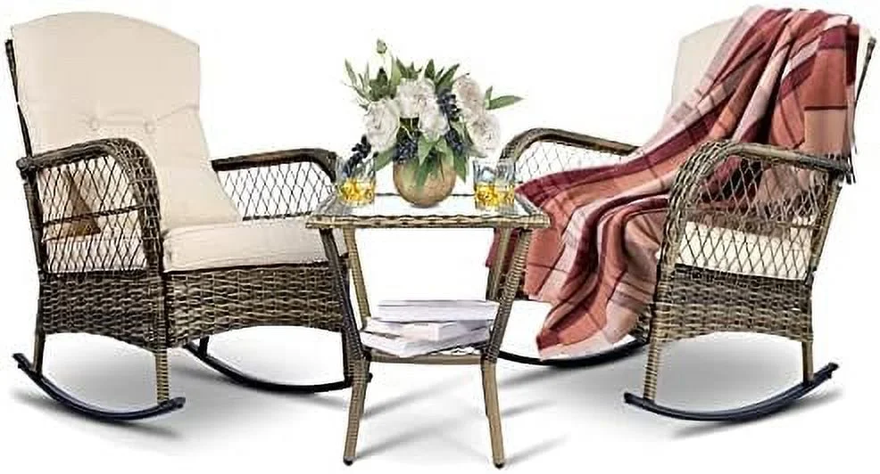 HBLUKDL Wicker Rocking Chairs   Rattan Patio Rocking Chairs  All-Weather Rocking Lawn Wicker  for Porch Deck Garden Backyard(Red)