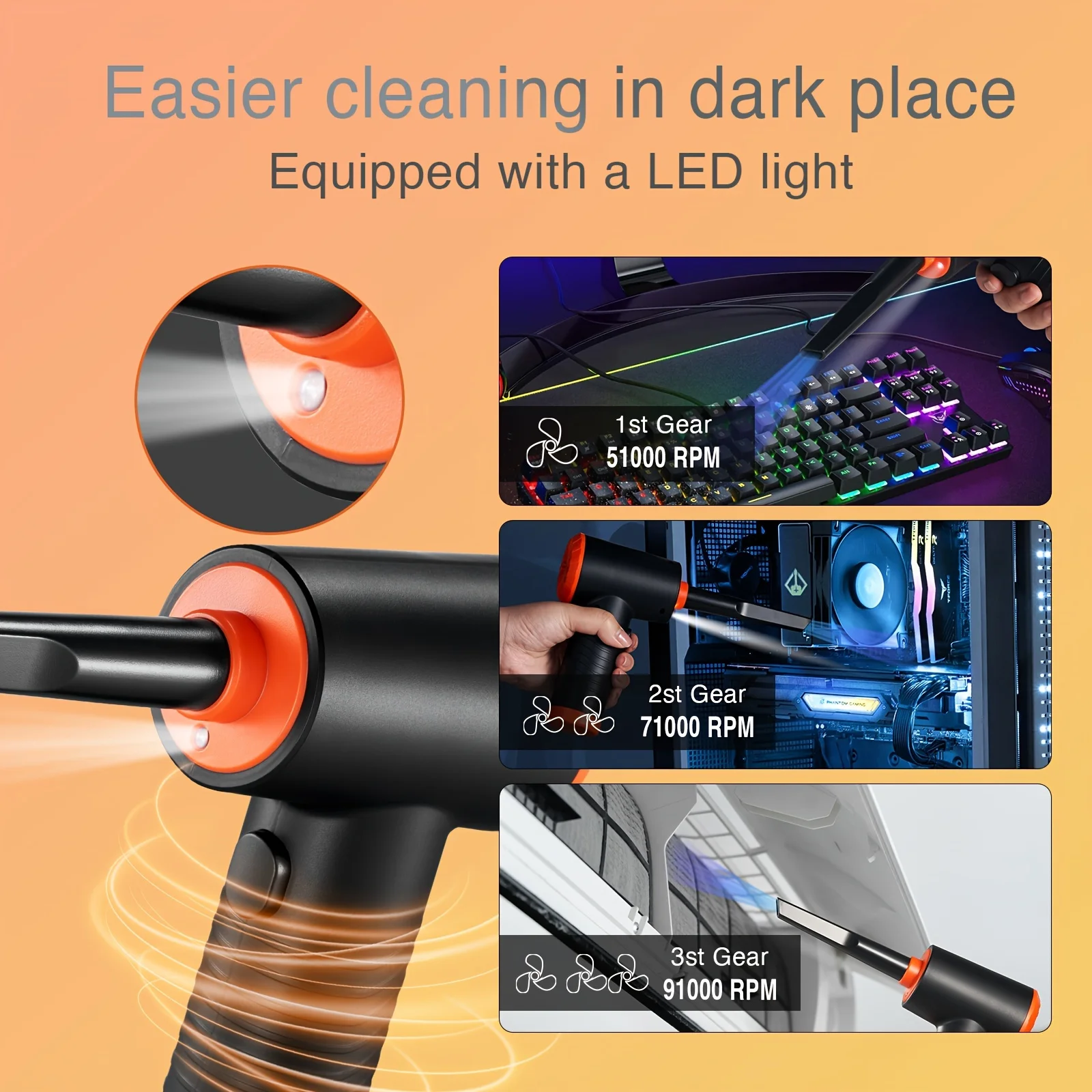 Cordless Compressed Air Duster -  91000RPM Compressed Air Blower with Led Light for Keyboard, PC, and Car Cleaning - Orange