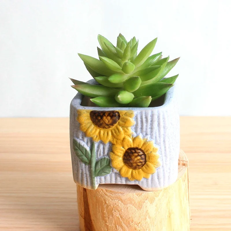 Ceramic Succulent Planter with Hand-Painted Sunflower Design