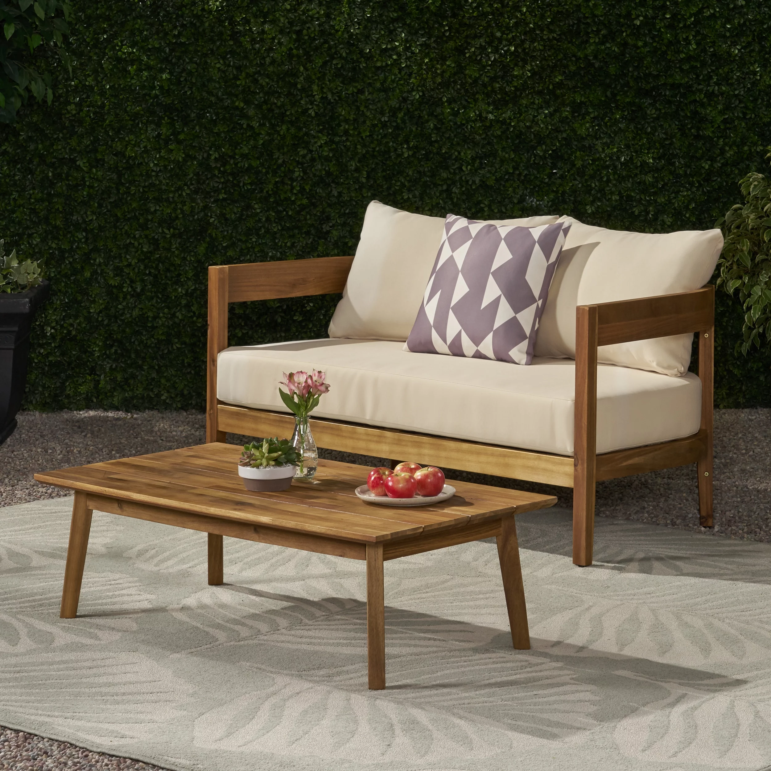 GDF Studio Burrough Outdoor Acacia Wood Loveseat and Coffee Table Set with Cushions, Teak and Beige