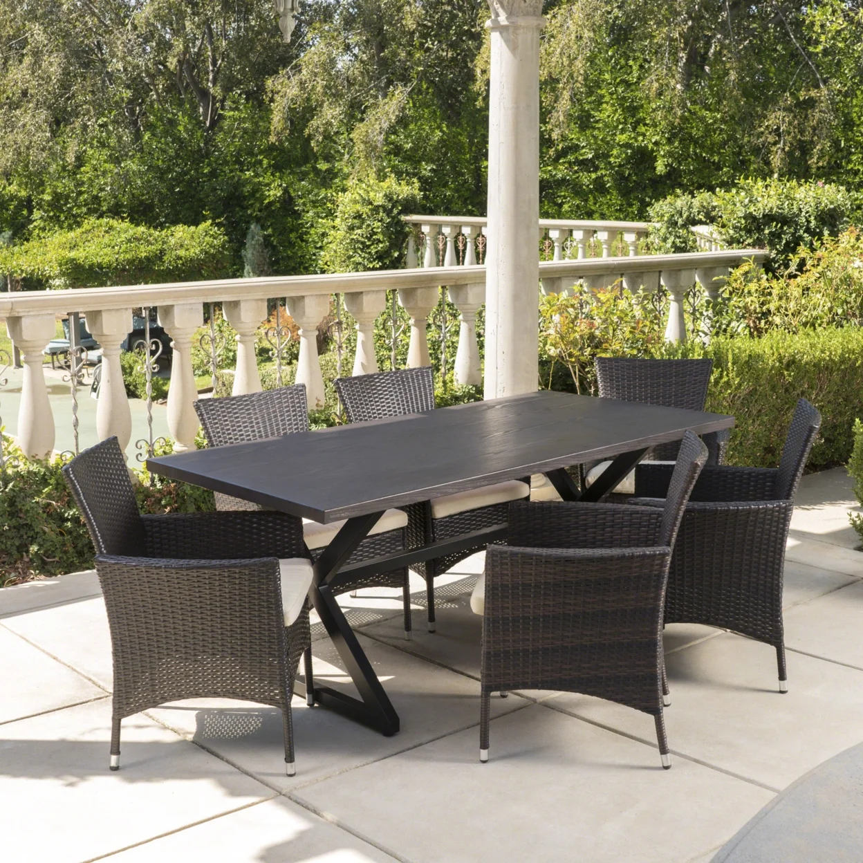 GDF Studio Swainson Outdoor Wicker and Aluminum 7 Piece Dining Set with Cushions, Multibrown, Beige, and Black