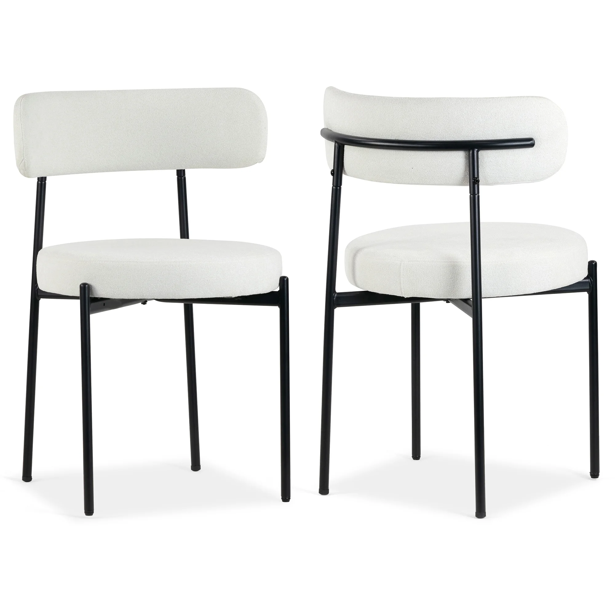 Set of 2 Avrom White Boucle Fabric Dining Chair with Black Metal Iron Legs