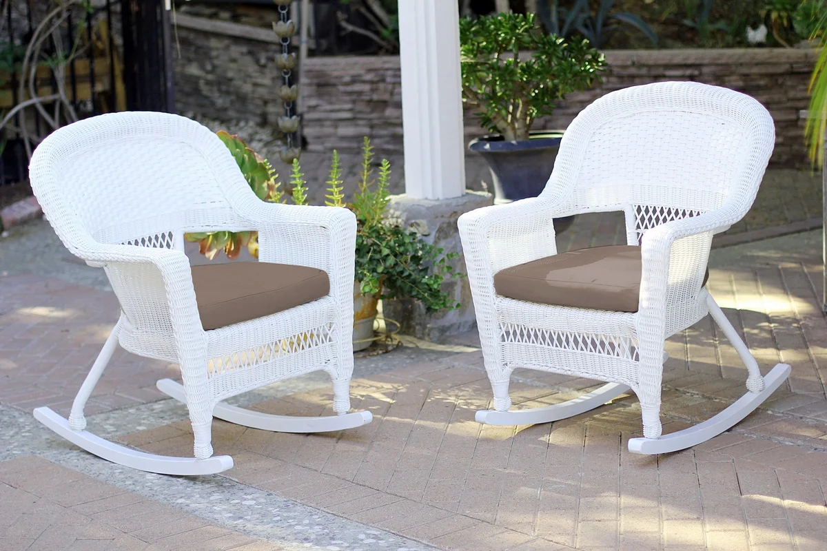 Jeco W00206R-B_2-FS007 White Rocker Wicker Chair With Brown Cushion- Set Of 2